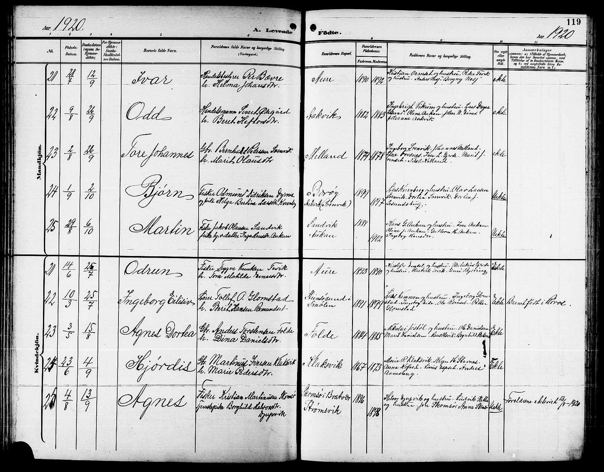 Ministerialprotokoller, klokkerbøker og fødselsregistre - Møre og Romsdal, AV/SAT-A-1454/578/L0910: Parish register (copy) no. 578C03, 1900-1921, p. 119