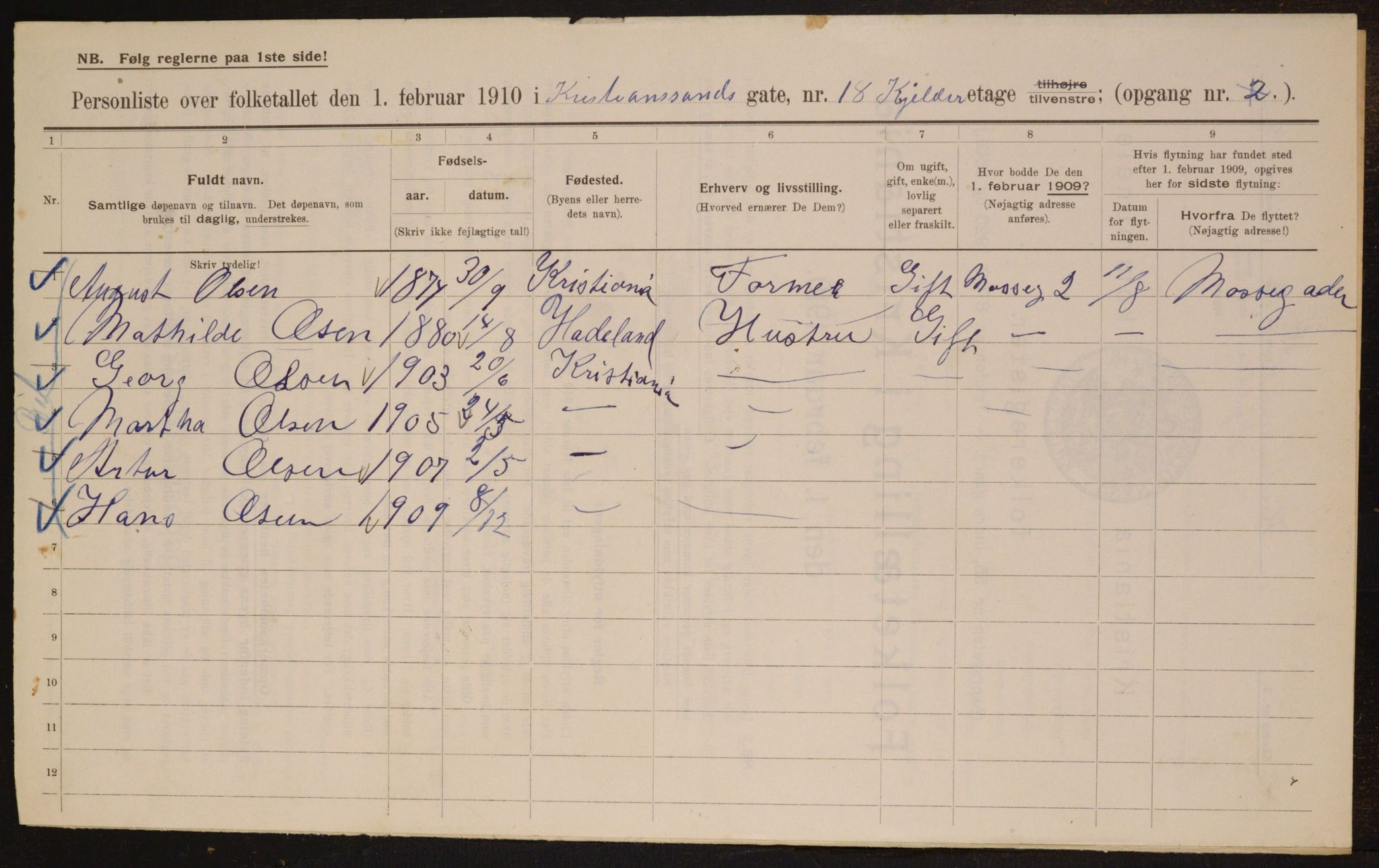 OBA, Municipal Census 1910 for Kristiania, 1910, p. 52868