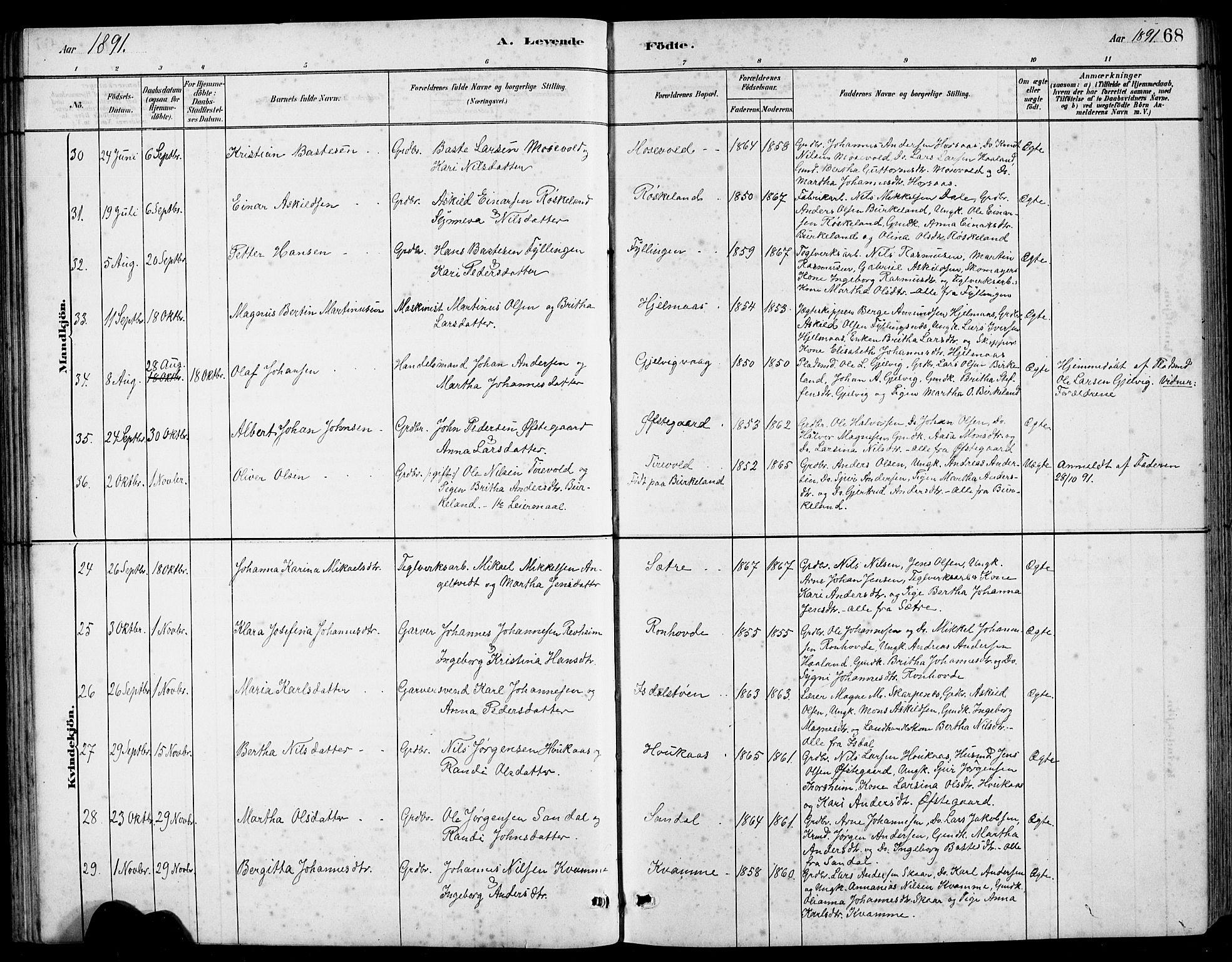 Hamre sokneprestembete, AV/SAB-A-75501/H/Ha/Hab: Parish register (copy) no. B 3, 1881-1898, p. 68