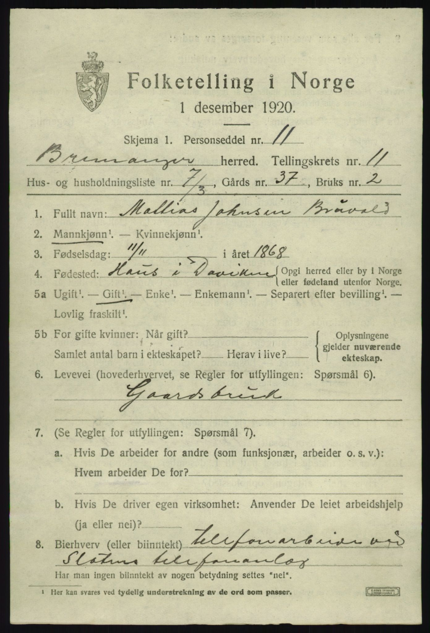 SAB, 1920 census for Bremanger, 1920, p. 5814