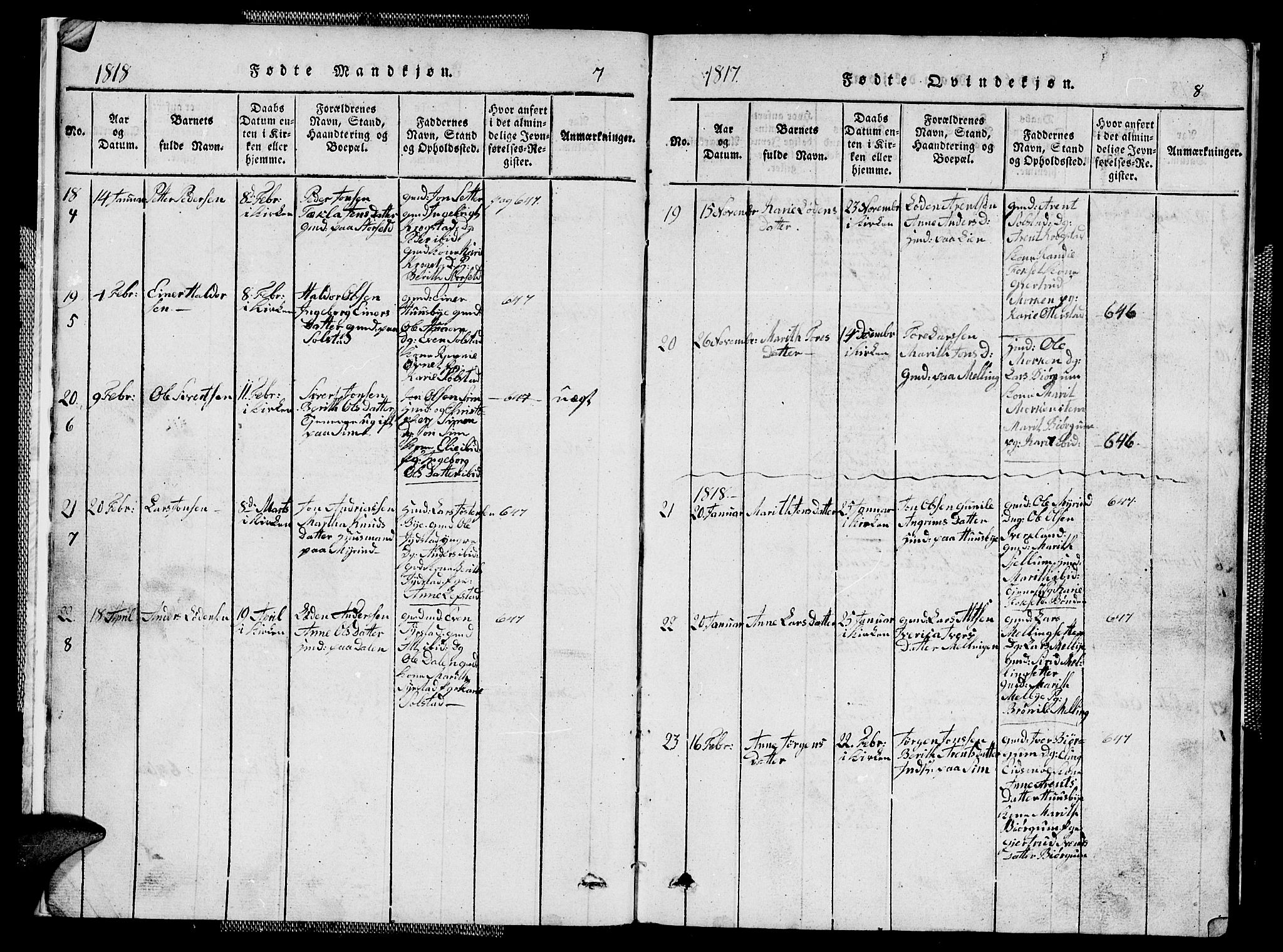 Ministerialprotokoller, klokkerbøker og fødselsregistre - Sør-Trøndelag, SAT/A-1456/667/L0796: Parish register (copy) no. 667C01, 1817-1836, p. 7-8