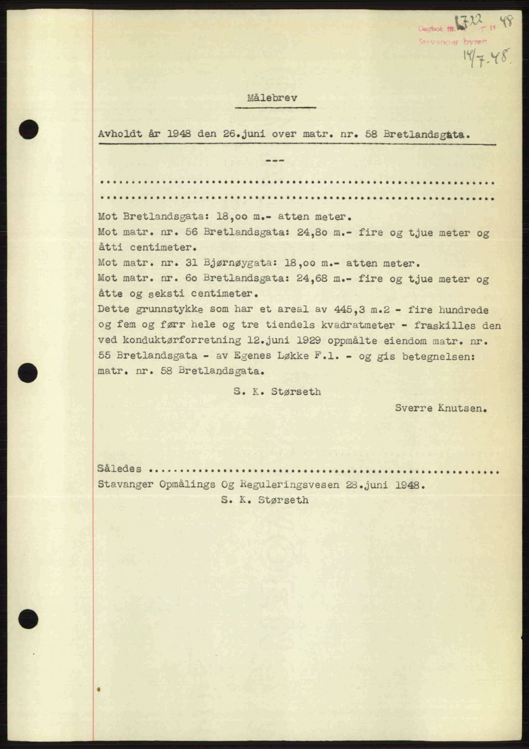 Stavanger byrett, SAST/A-100455/002/G/Gb/L0022: Mortgage book no. A11, 1947-1948, Diary no: : 1722/1948