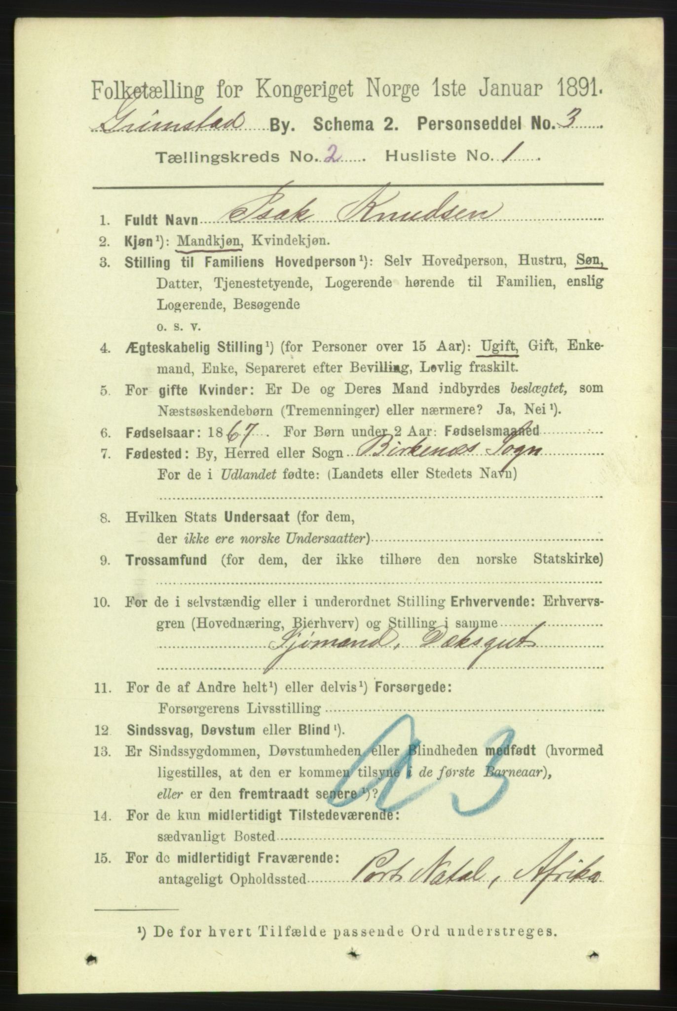 RA, 1891 census for 0904 Grimstad, 1891, p. 1496