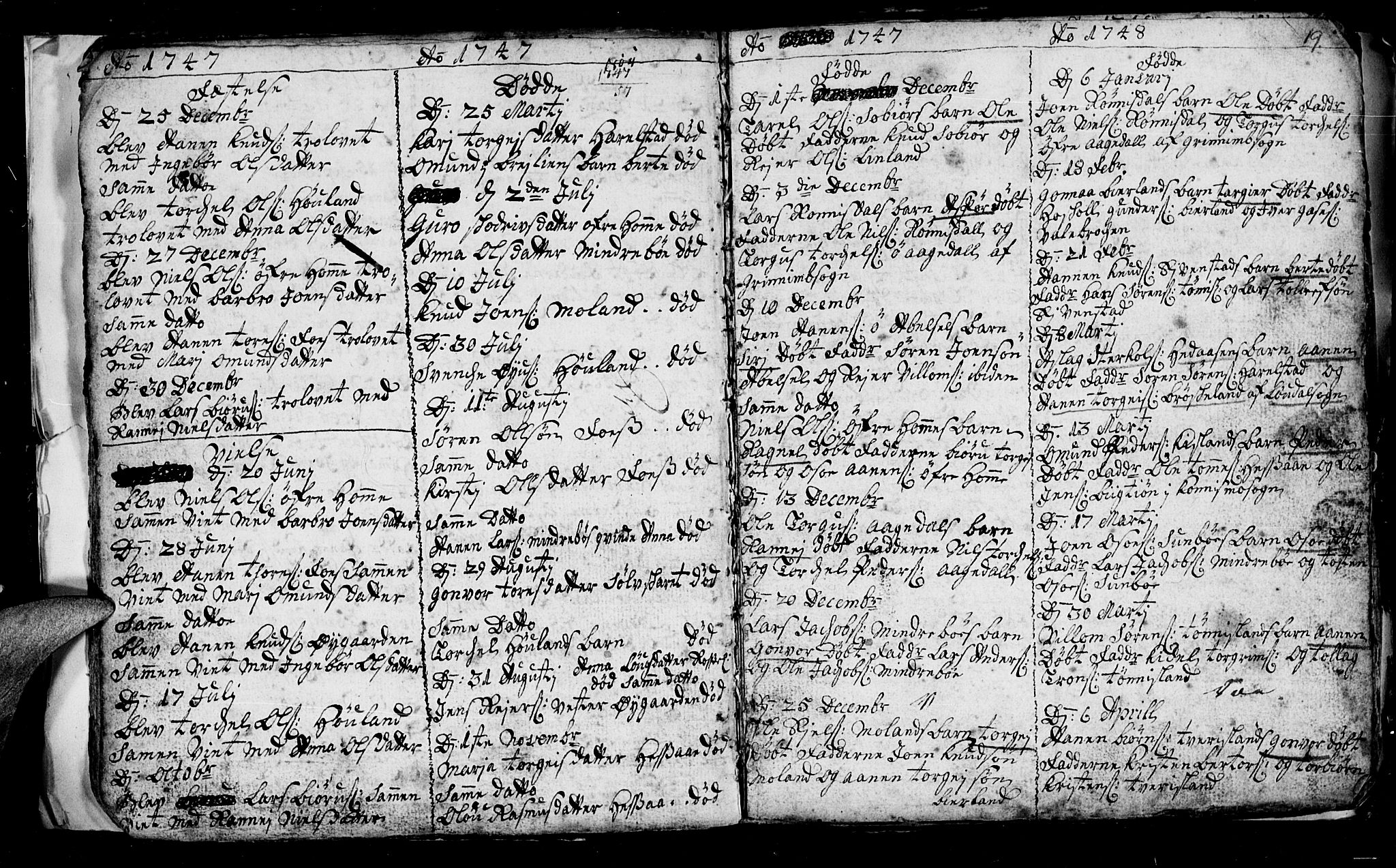 Bjelland sokneprestkontor, SAK/1111-0005/F/Fb/Fba/L0001: Parish register (copy) no. B 1, 1727-1752, p. 19