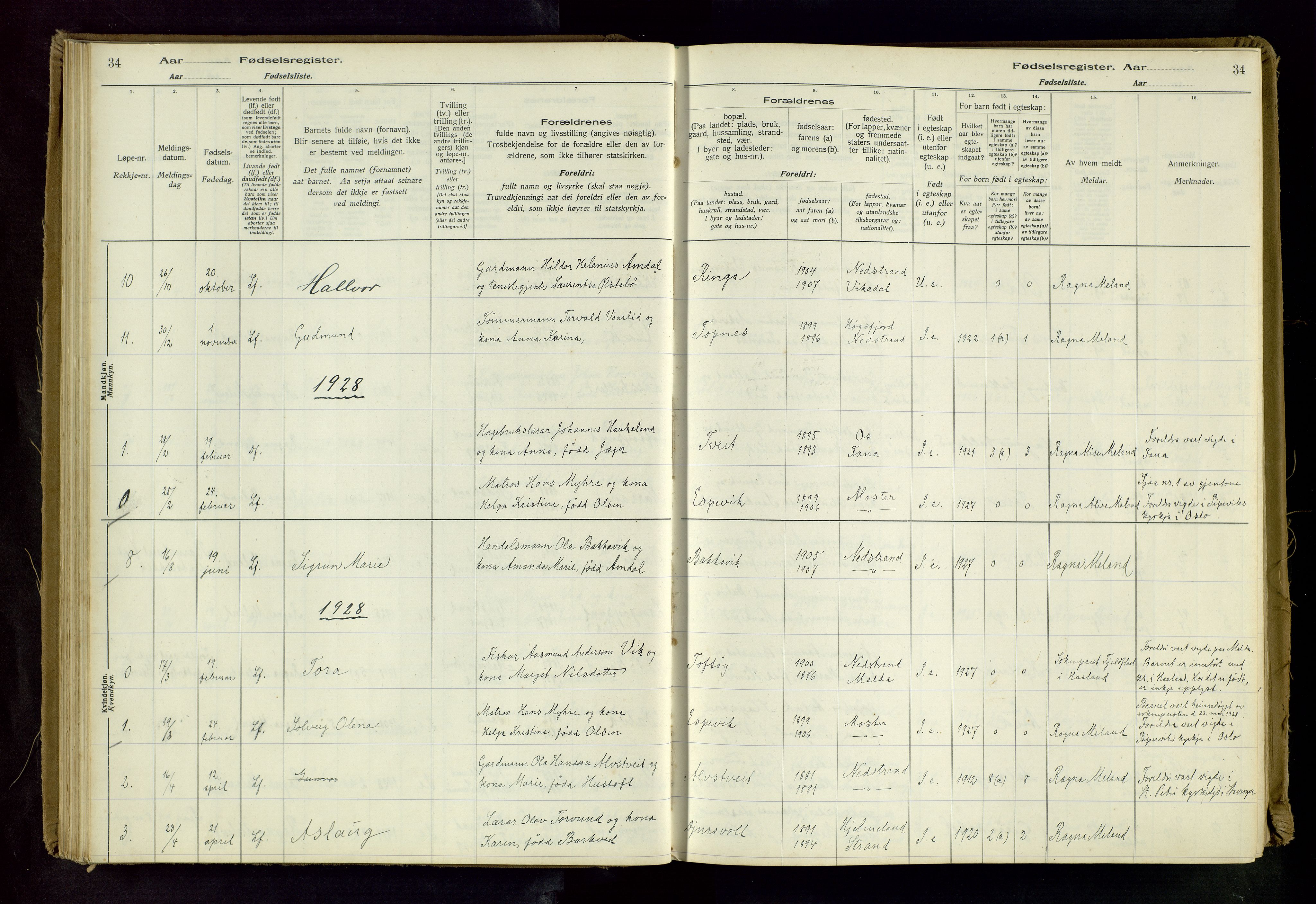 Nedstrand sokneprestkontor, SAST/A-101841/03/C/L0001: Birth register no. 1, 1916-1981, p. 34