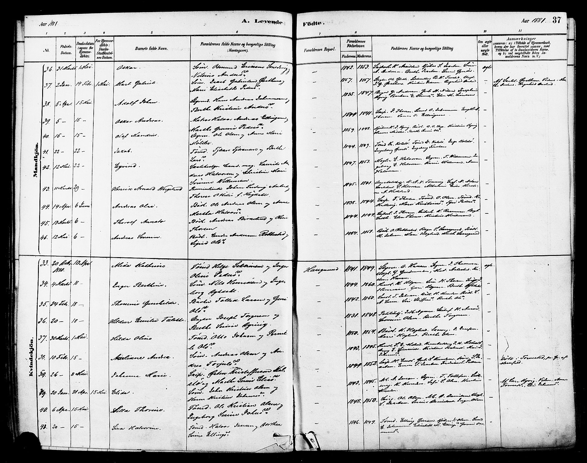 Haugesund sokneprestkontor, SAST/A -101863/H/Ha/Haa/L0001: Parish register (official) no. A 1, 1878-1885, p. 37