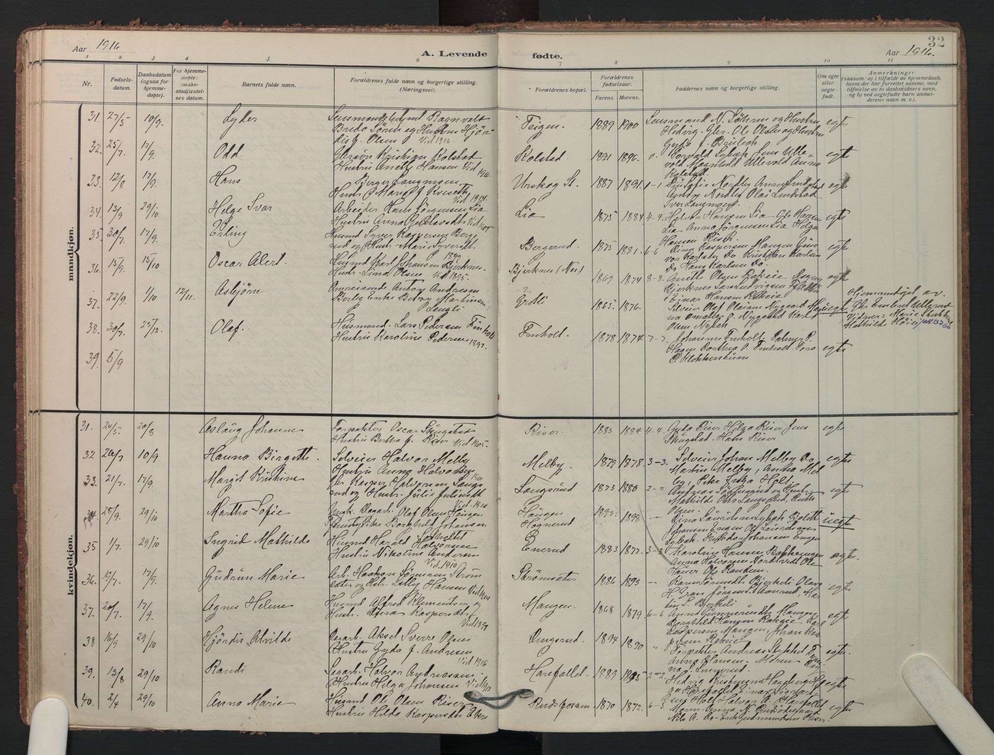 Aurskog prestekontor Kirkebøker, AV/SAO-A-10304a/F/Fa/L0014: Parish register (official) no. I 14, 1911-1926, p. 32