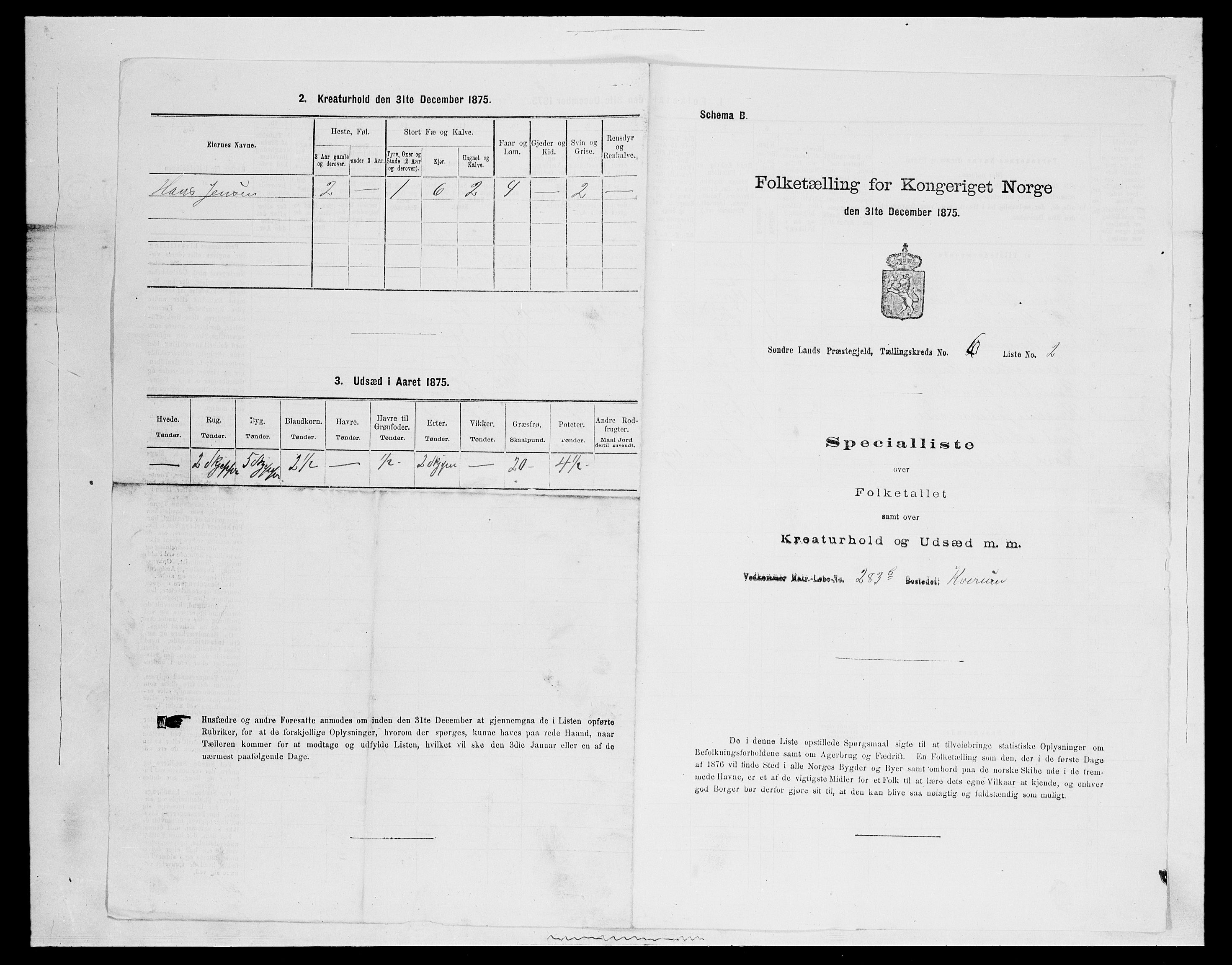 SAH, 1875 census for 0536P Søndre Land, 1875, p. 865