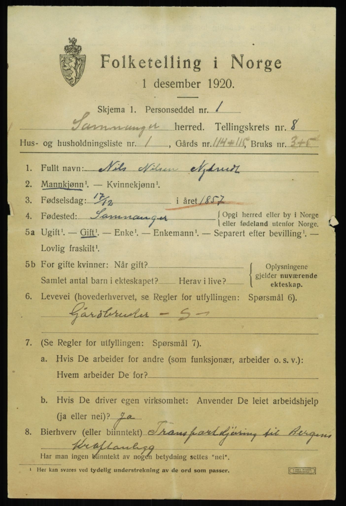SAB, 1920 census for Samnanger, 1920, p. 3525