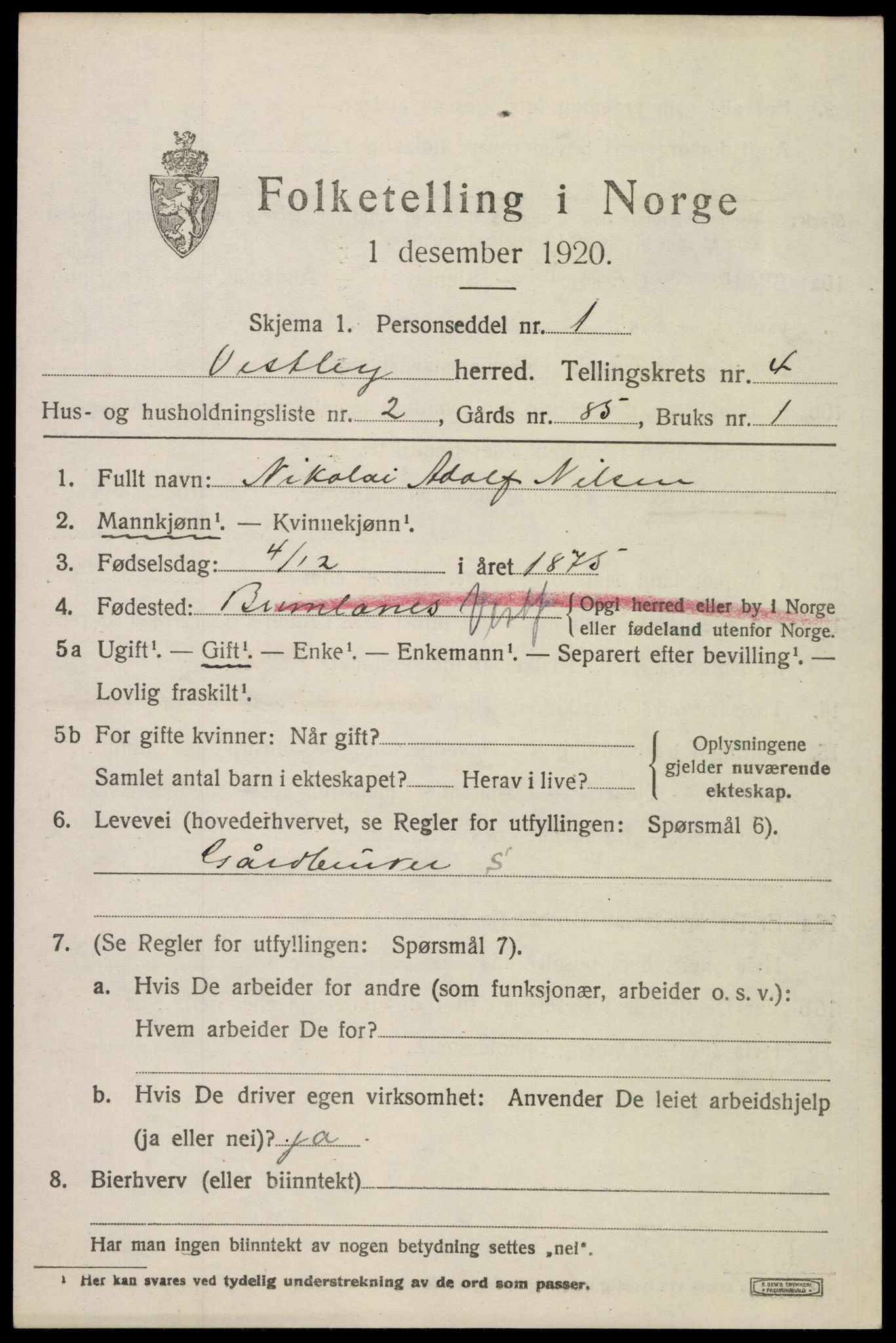 SAO, 1920 census for Vestby, 1920, p. 4475