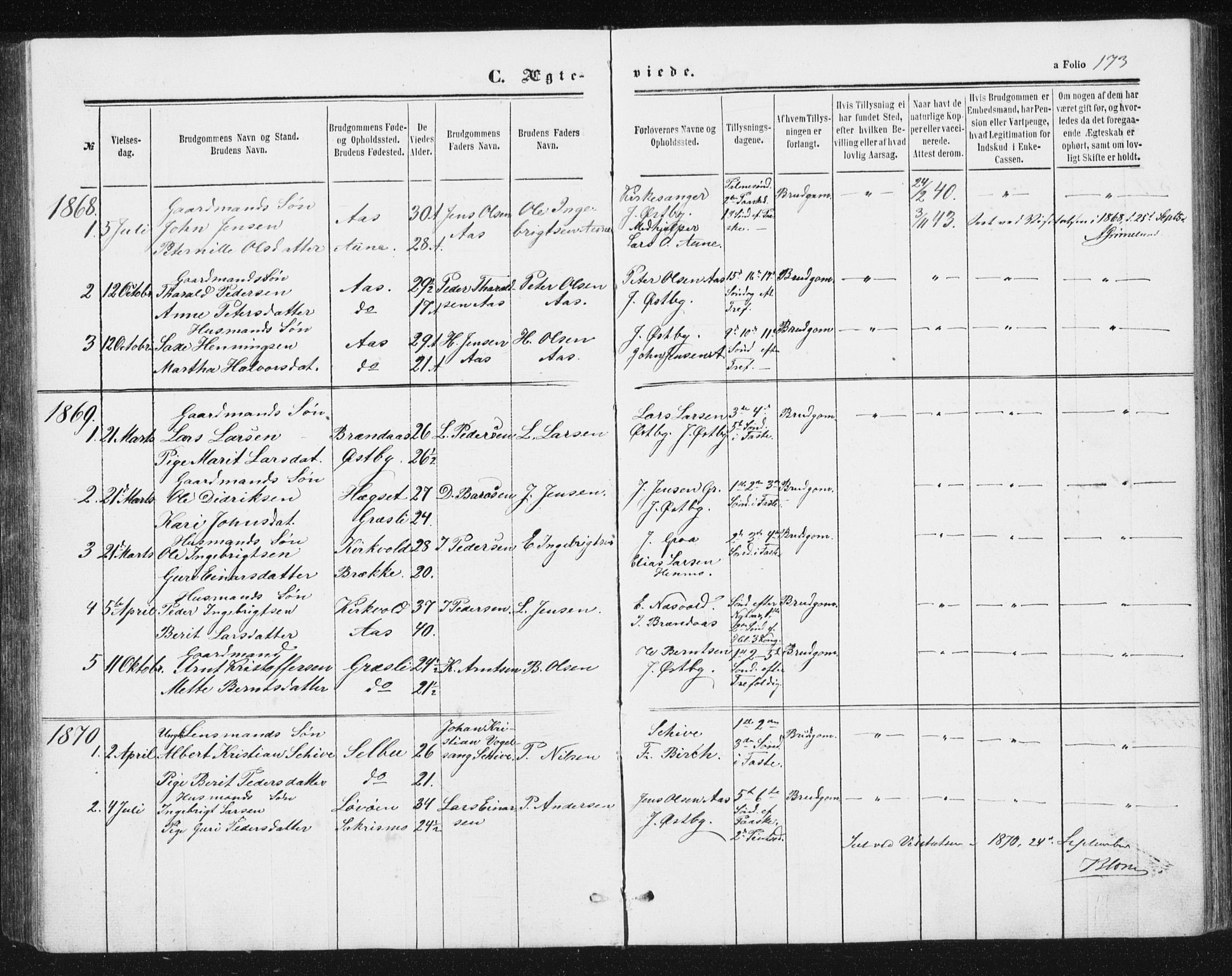 Ministerialprotokoller, klokkerbøker og fødselsregistre - Sør-Trøndelag, SAT/A-1456/698/L1166: Parish register (copy) no. 698C03, 1861-1887, p. 173