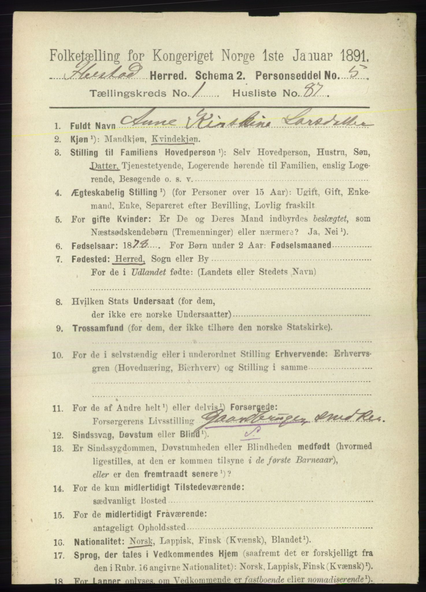 RA, 1891 census for 1917 Ibestad, 1891, p. 705