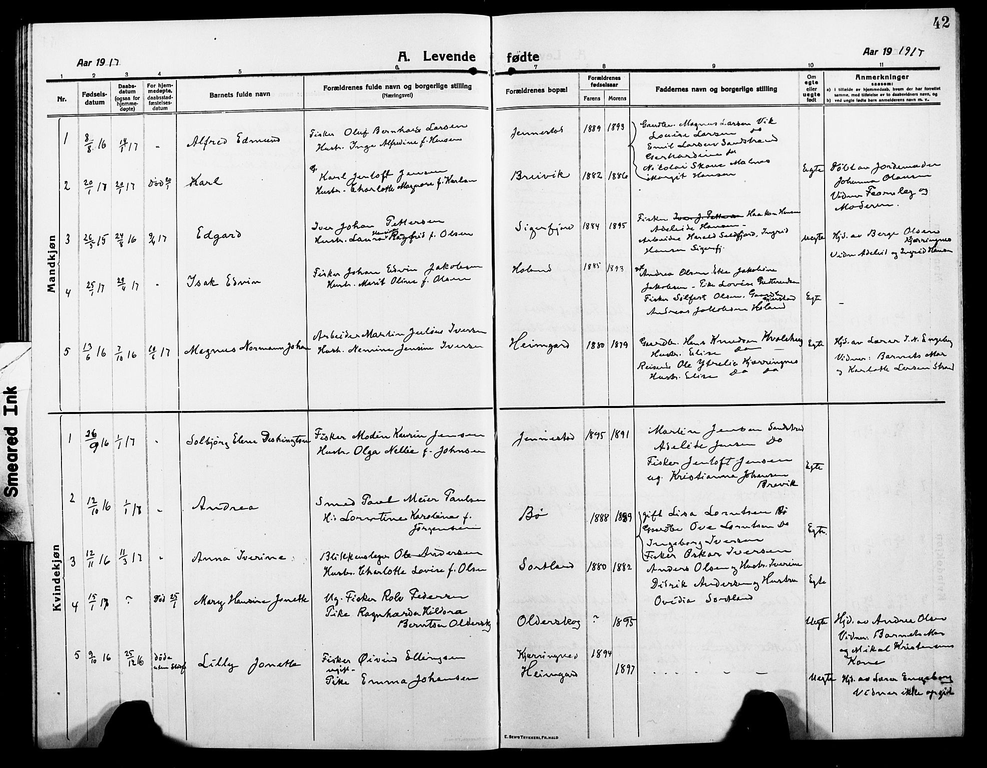 Ministerialprotokoller, klokkerbøker og fødselsregistre - Nordland, SAT/A-1459/895/L1383: Parish register (copy) no. 895C05, 1913-1922, p. 42
