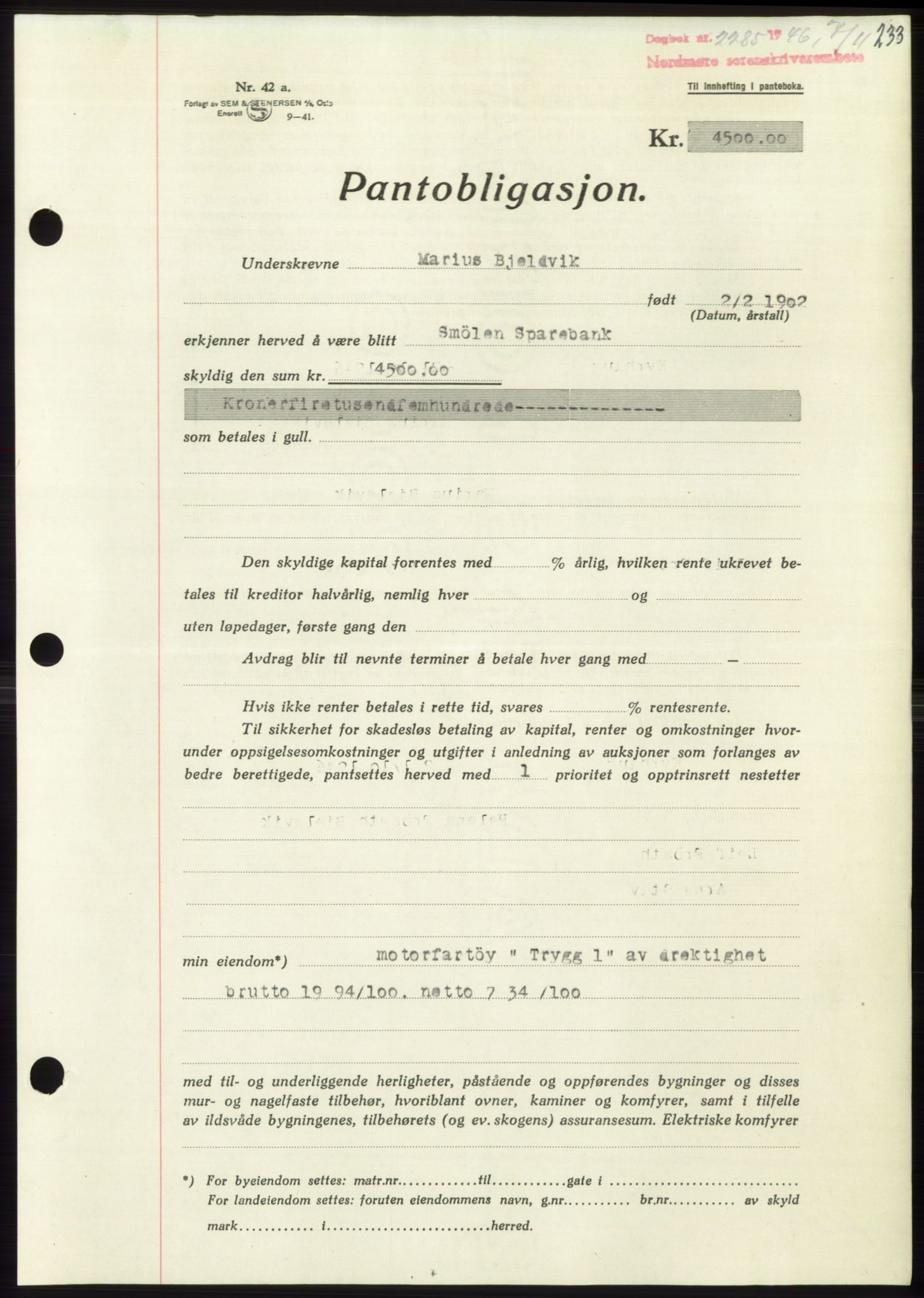 Nordmøre sorenskriveri, AV/SAT-A-4132/1/2/2Ca: Mortgage book no. B95, 1946-1947, Diary no: : 2285/1946