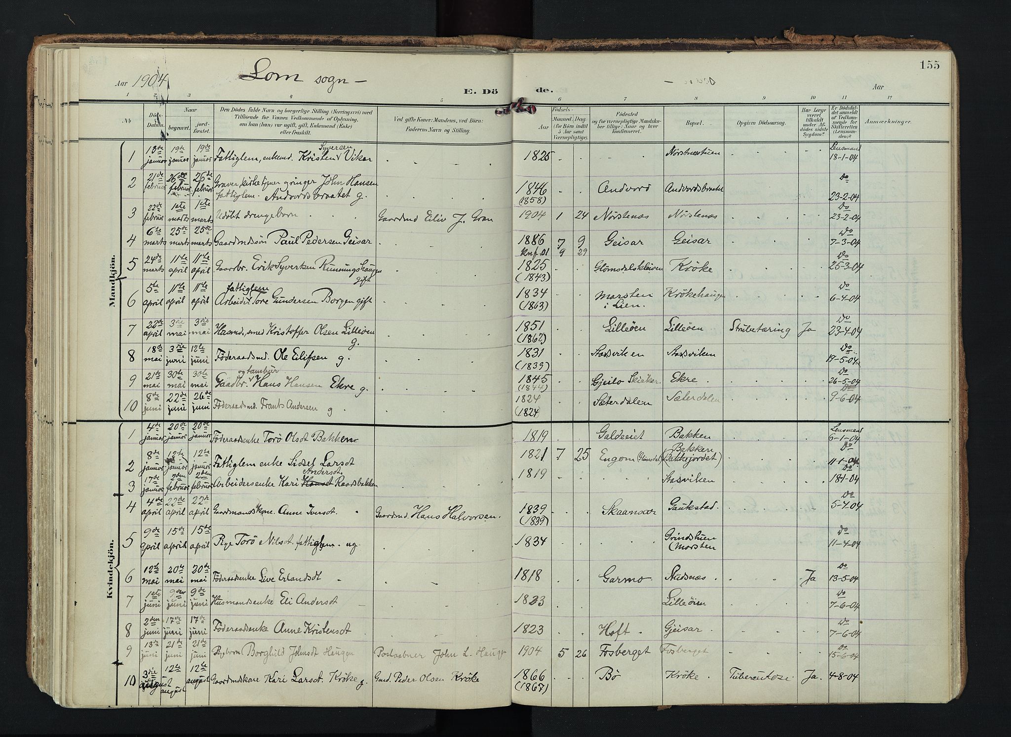 Lom prestekontor, AV/SAH-PREST-070/K/L0010: Parish register (official) no. 10, 1899-1926, p. 155
