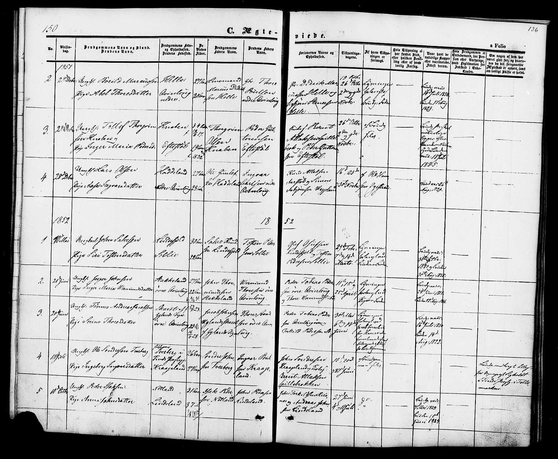 Fjotland sokneprestkontor, AV/SAK-1111-0010/F/Fa/L0001: Parish register (official) no. A 1, 1850-1879, p. 136