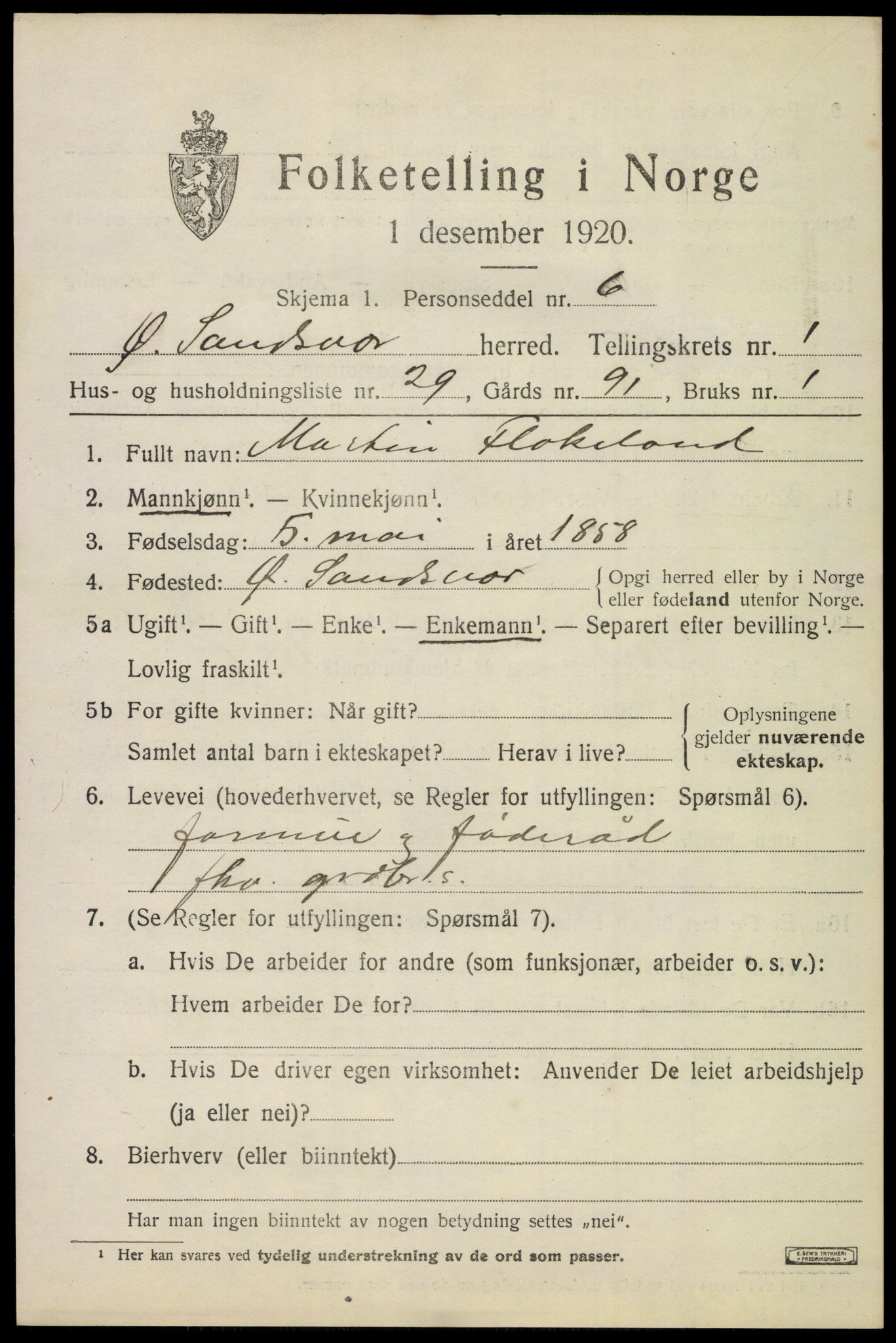 SAKO, 1920 census for Øvre Sandsvær, 1920, p. 1288