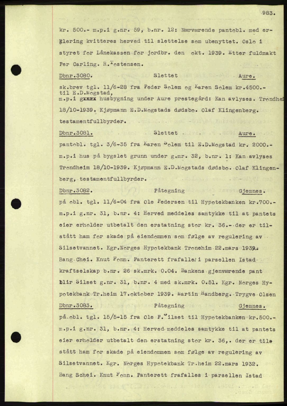 Nordmøre sorenskriveri, AV/SAT-A-4132/1/2/2Ca: Mortgage book no. C80, 1936-1939, Diary no: : 3080/1939