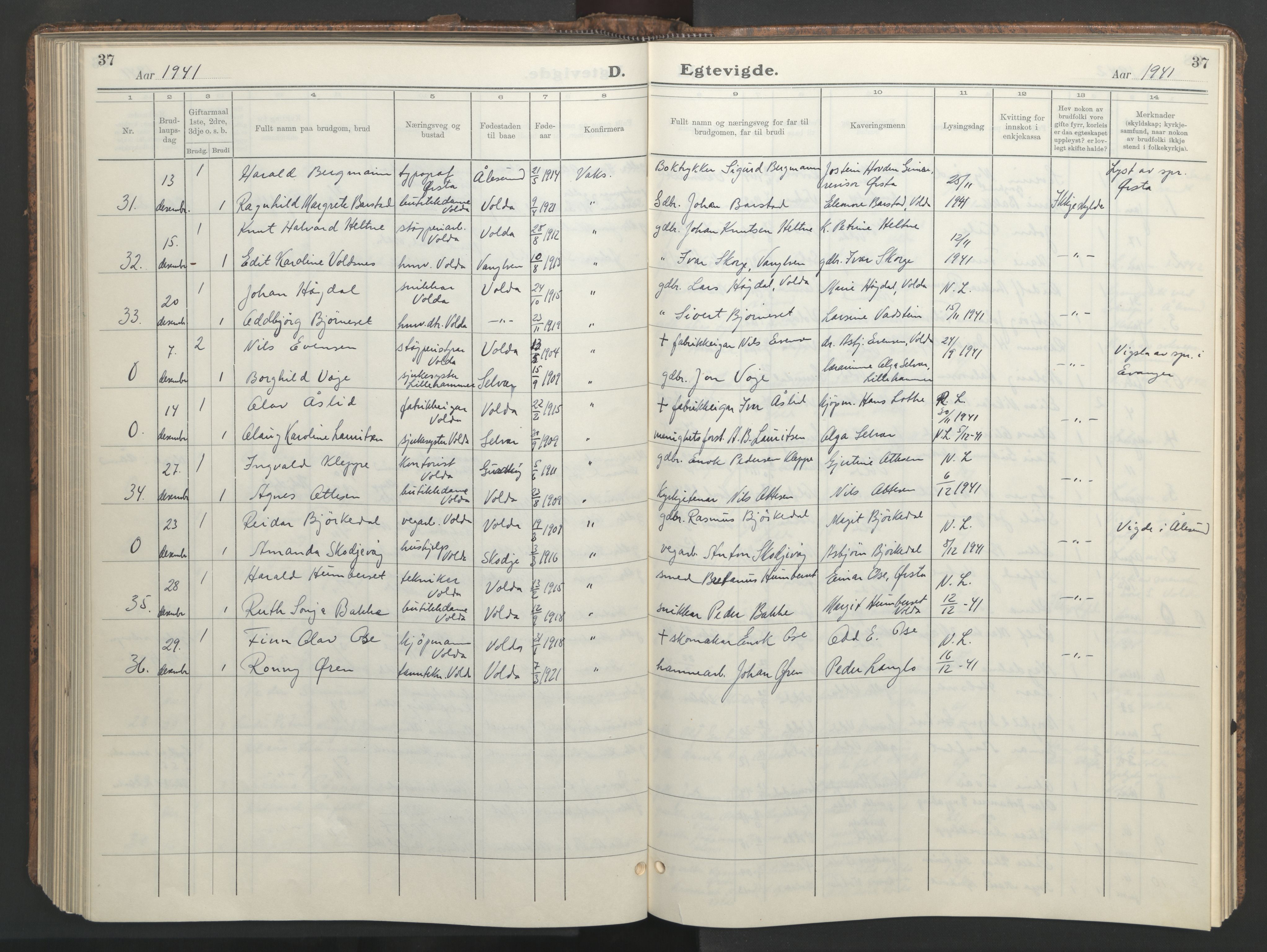 Ministerialprotokoller, klokkerbøker og fødselsregistre - Møre og Romsdal, AV/SAT-A-1454/511/L0161: Parish register (copy) no. 511C07, 1933-1948, p. 37