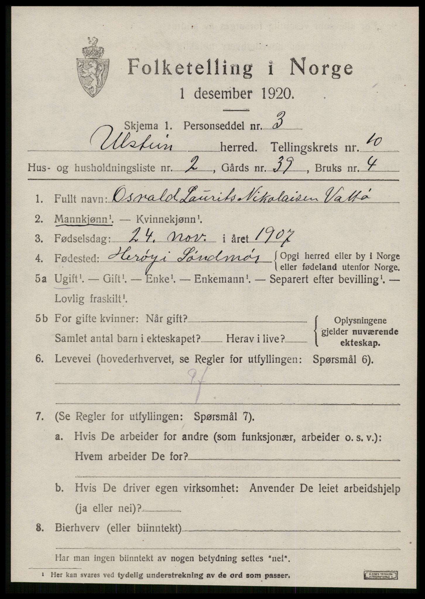 SAT, 1920 census for Ulstein, 1920, p. 5340