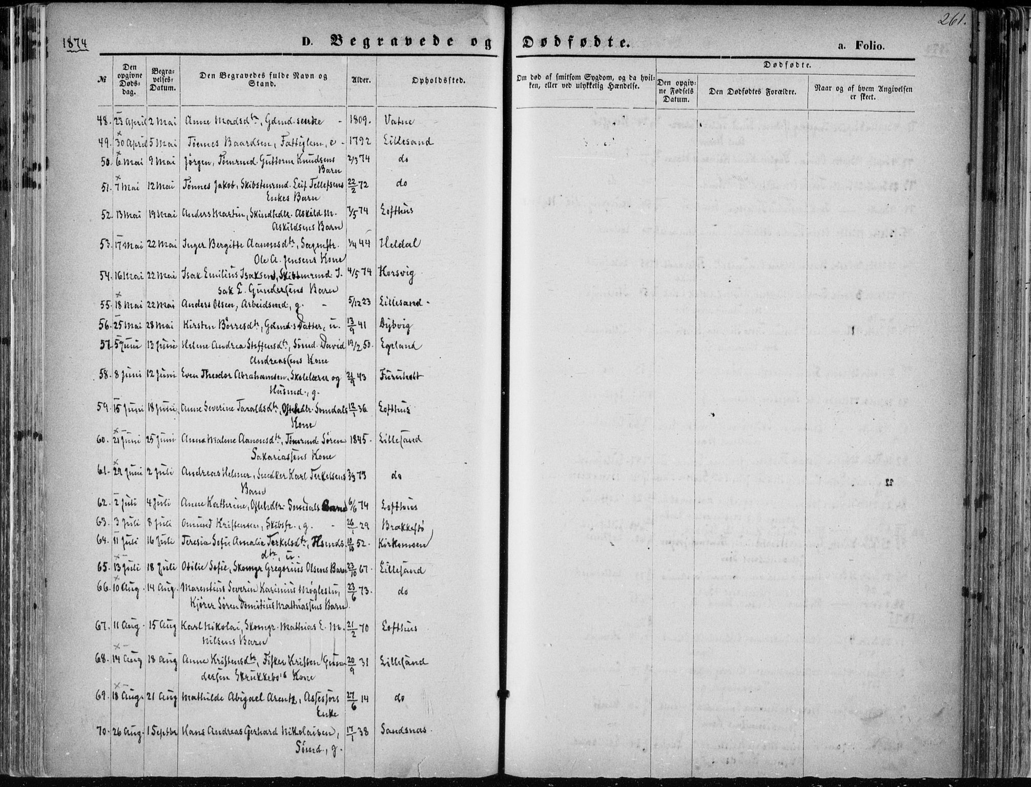 Vestre Moland sokneprestkontor, AV/SAK-1111-0046/F/Fa/Fab/L0008: Parish register (official) no. A 8, 1873-1883, p. 261