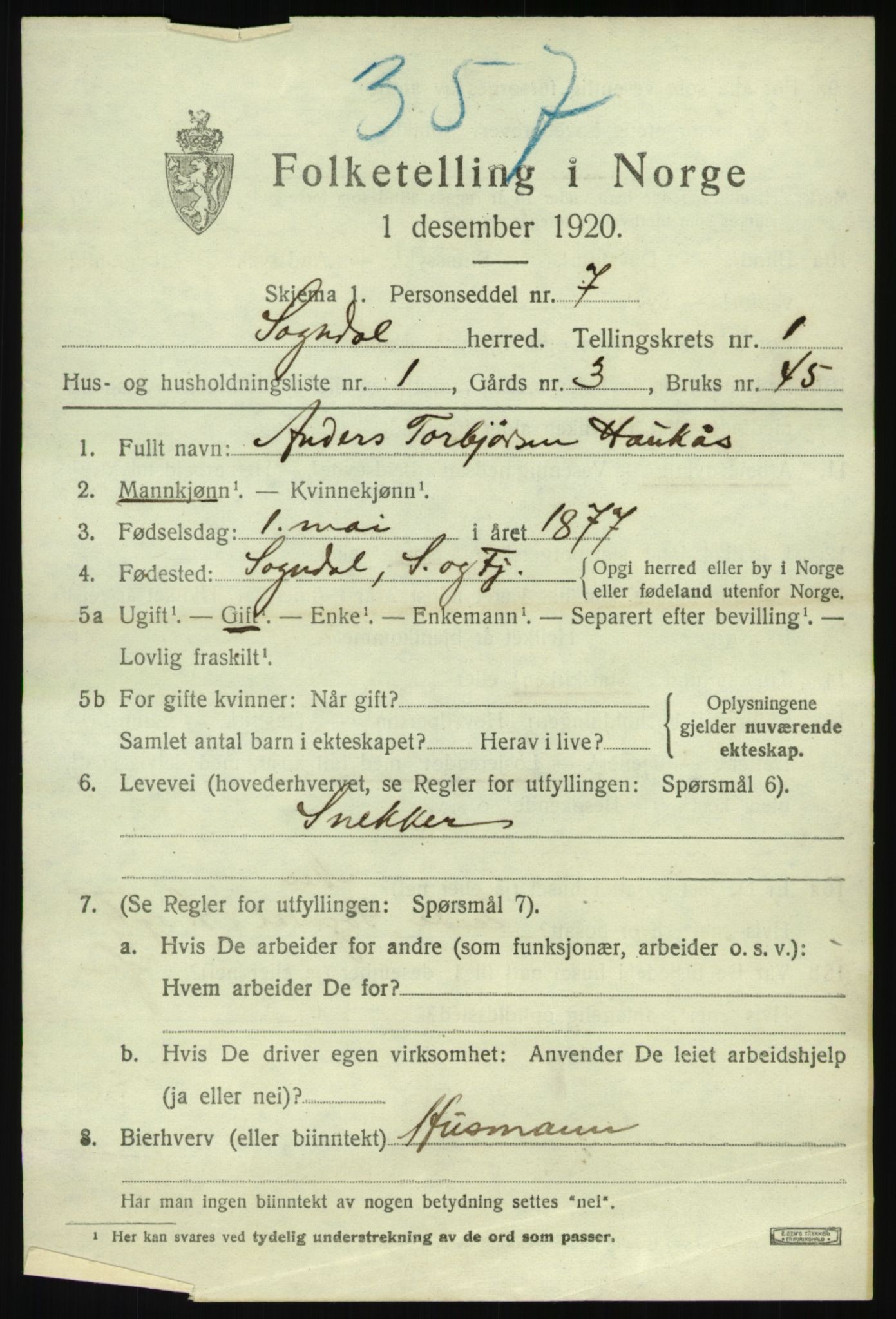 SAB, 1920 census for Sogndal, 1920, p. 1315