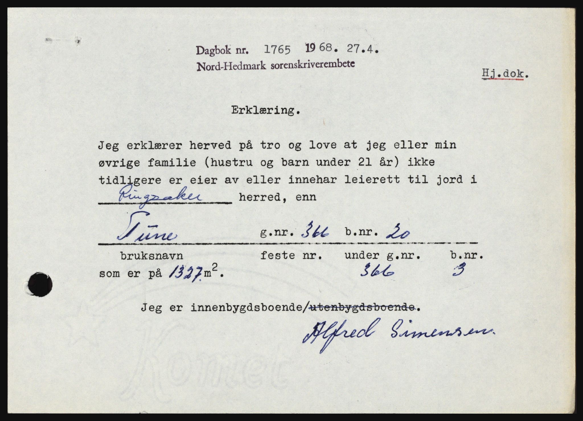 Nord-Hedmark sorenskriveri, SAH/TING-012/H/Hc/L0027: Mortgage book no. 27, 1967-1968, Diary no: : 1765/1968
