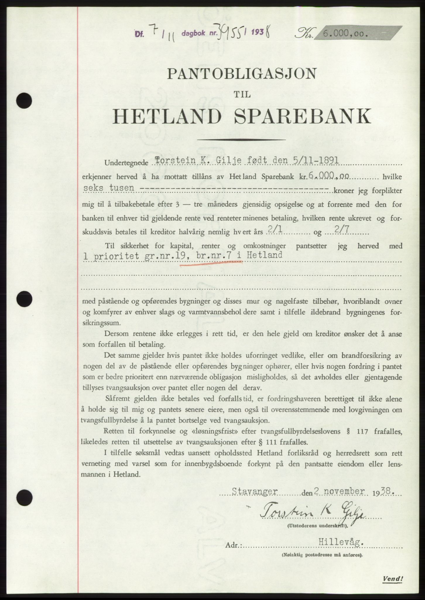 Jæren sorenskriveri, SAST/A-100310/03/G/Gba/L0072: Mortgage book, 1938-1938, Diary no: : 3955/1938
