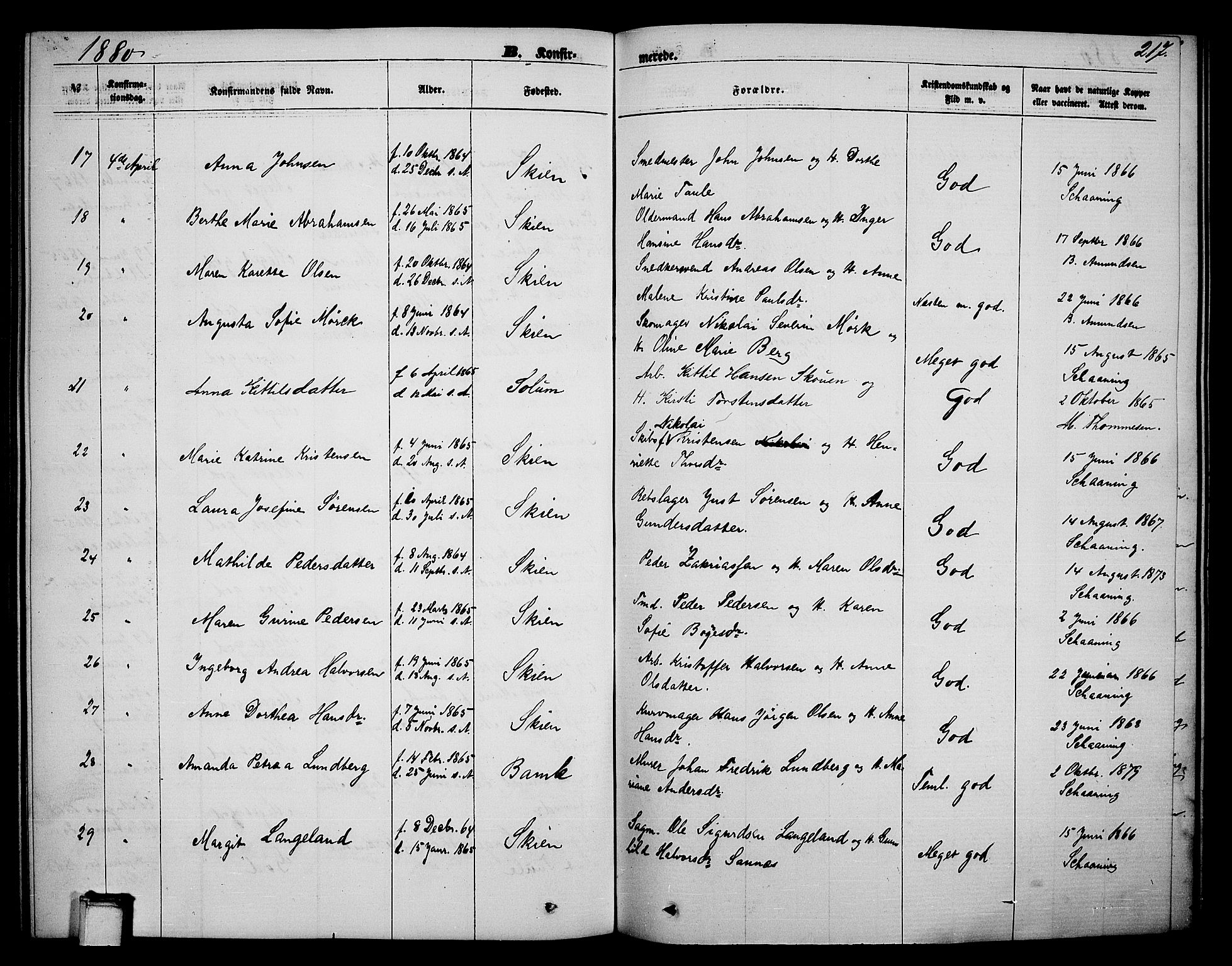 Skien kirkebøker, AV/SAKO-A-302/G/Ga/L0005: Parish register (copy) no. 5, 1868-1880, p. 217