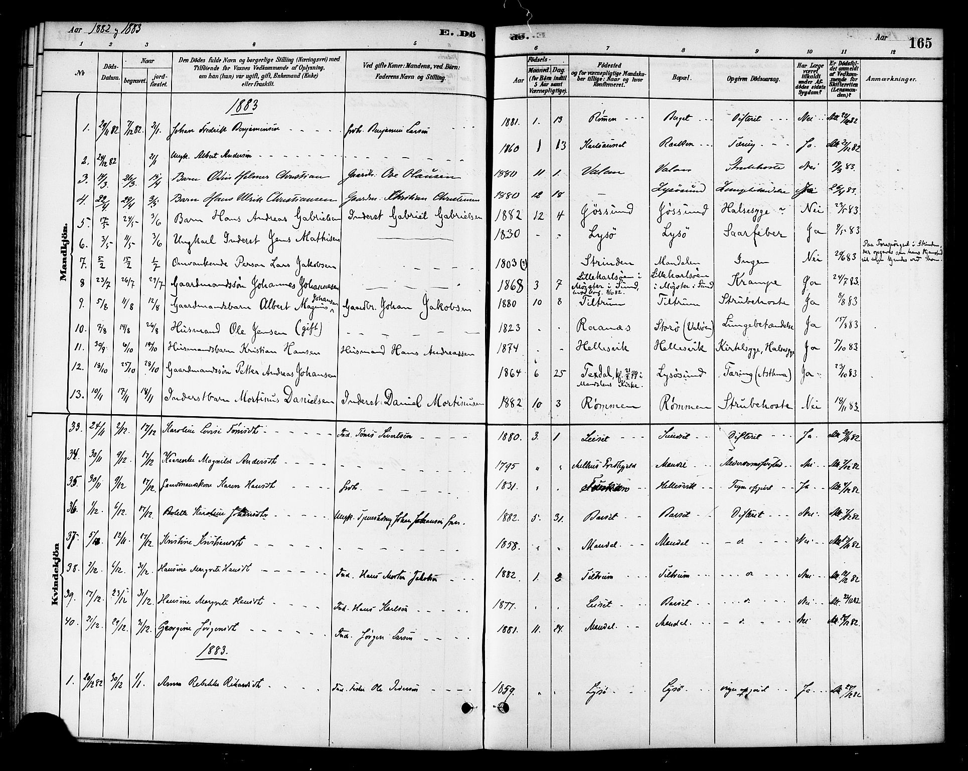 Ministerialprotokoller, klokkerbøker og fødselsregistre - Sør-Trøndelag, SAT/A-1456/654/L0663: Parish register (official) no. 654A01, 1880-1894, p. 165