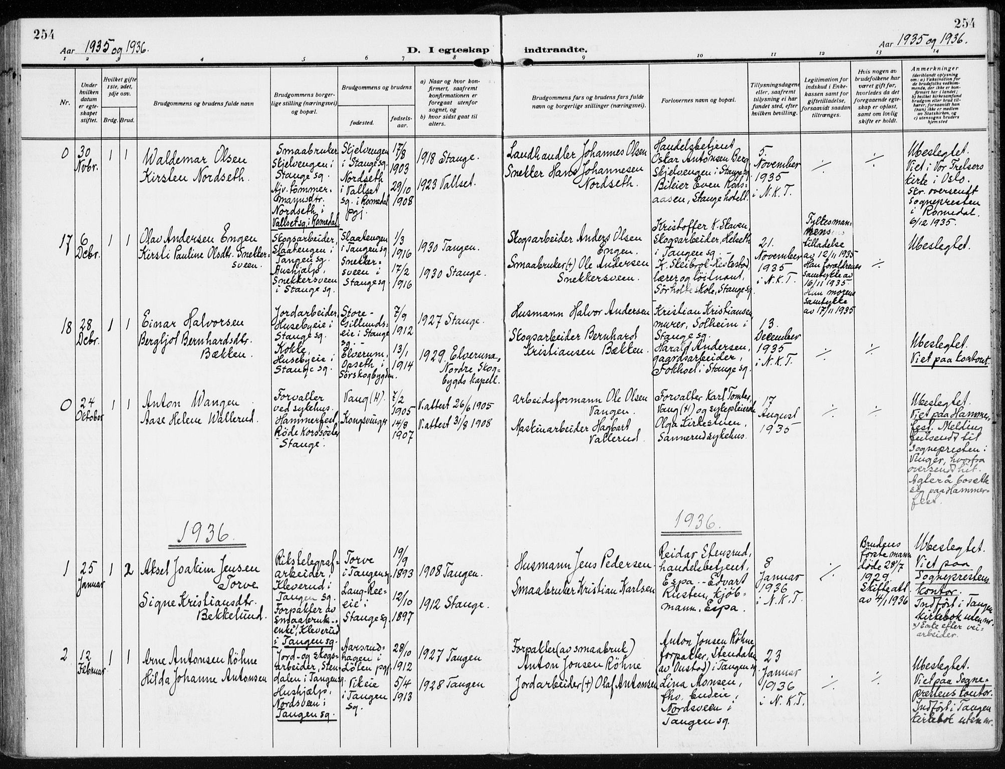 Stange prestekontor, AV/SAH-PREST-002/K/L0026: Parish register (official) no. 26, 1923-1937, p. 254