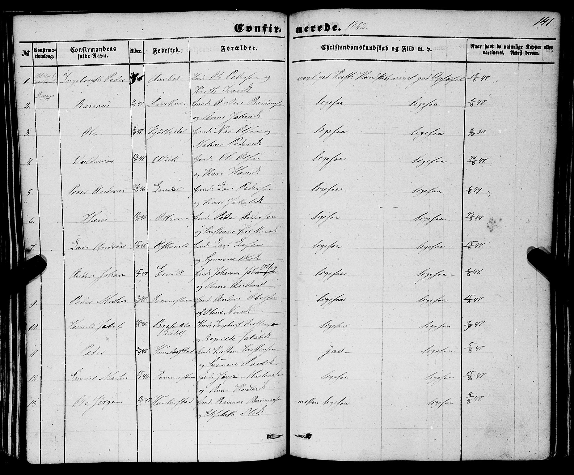 Davik sokneprestembete, SAB/A-79701/H/Haa/Haaa/L0005: Parish register (official) no. A 5, 1850-1866, p. 141