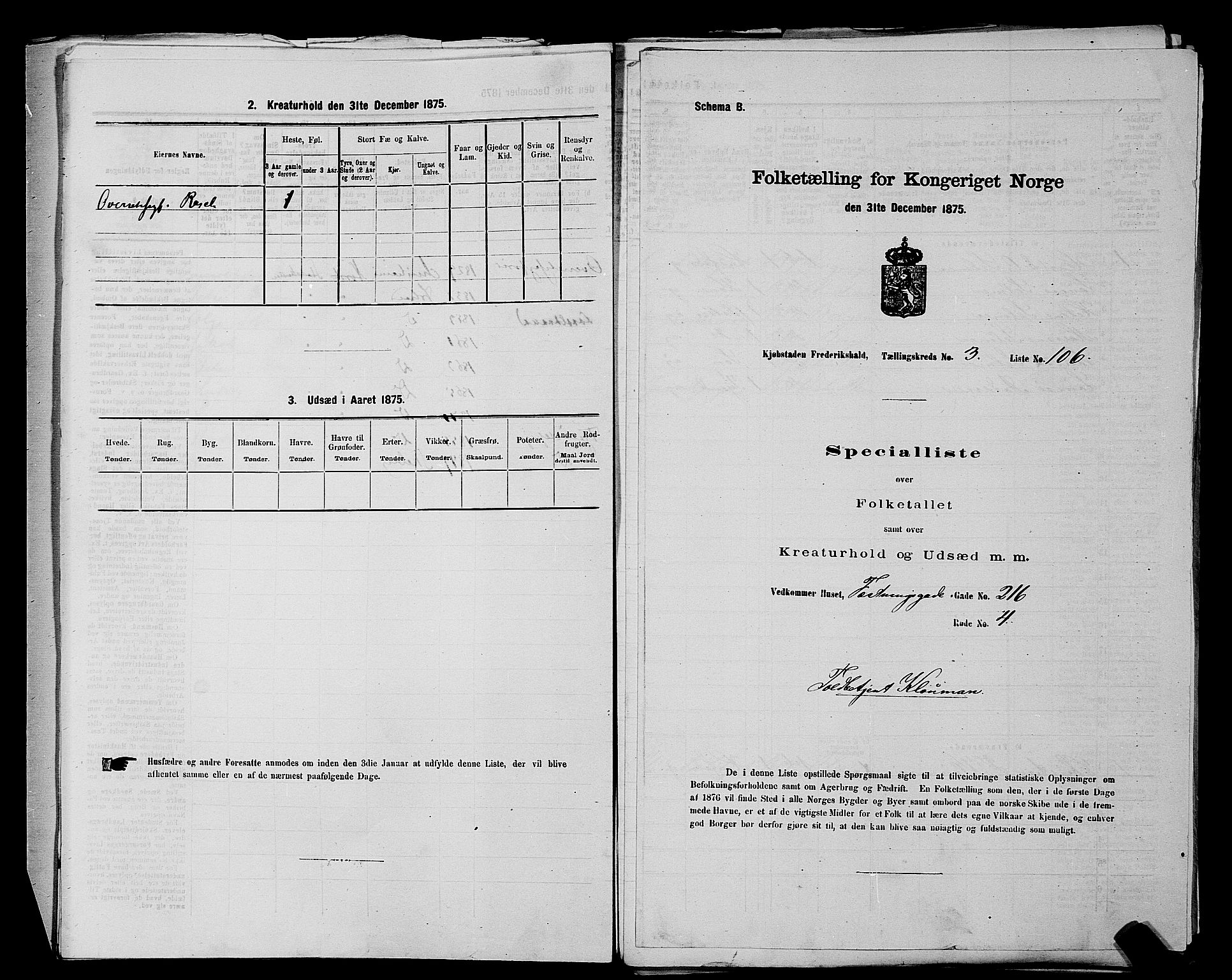 RA, 1875 census for 0101P Fredrikshald, 1875, p. 250