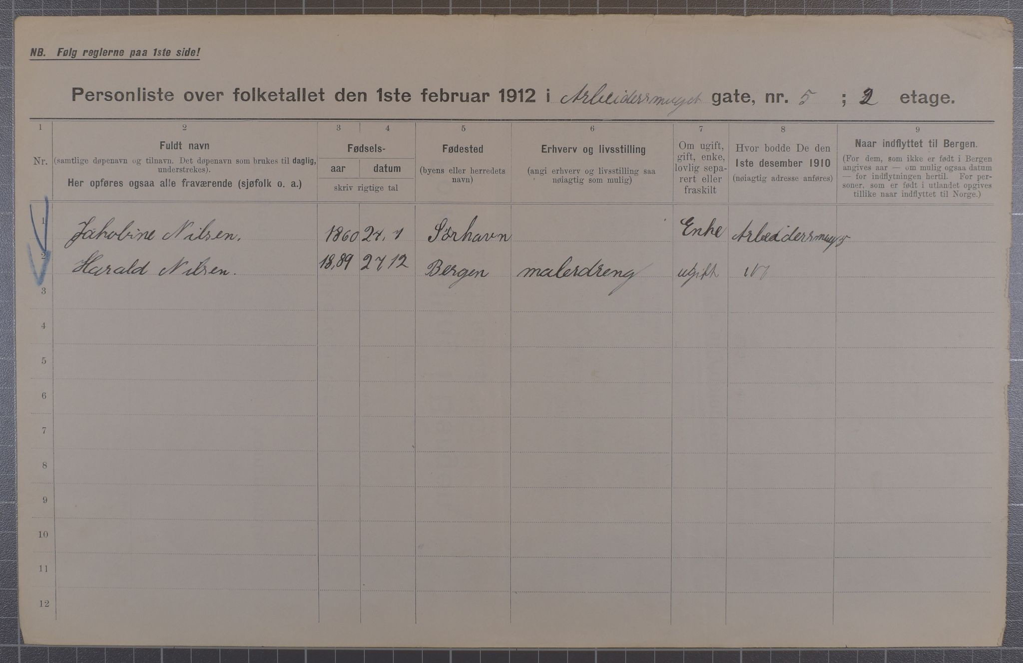 SAB, Municipal Census 1912 for Bergen, 1912, p. 1538