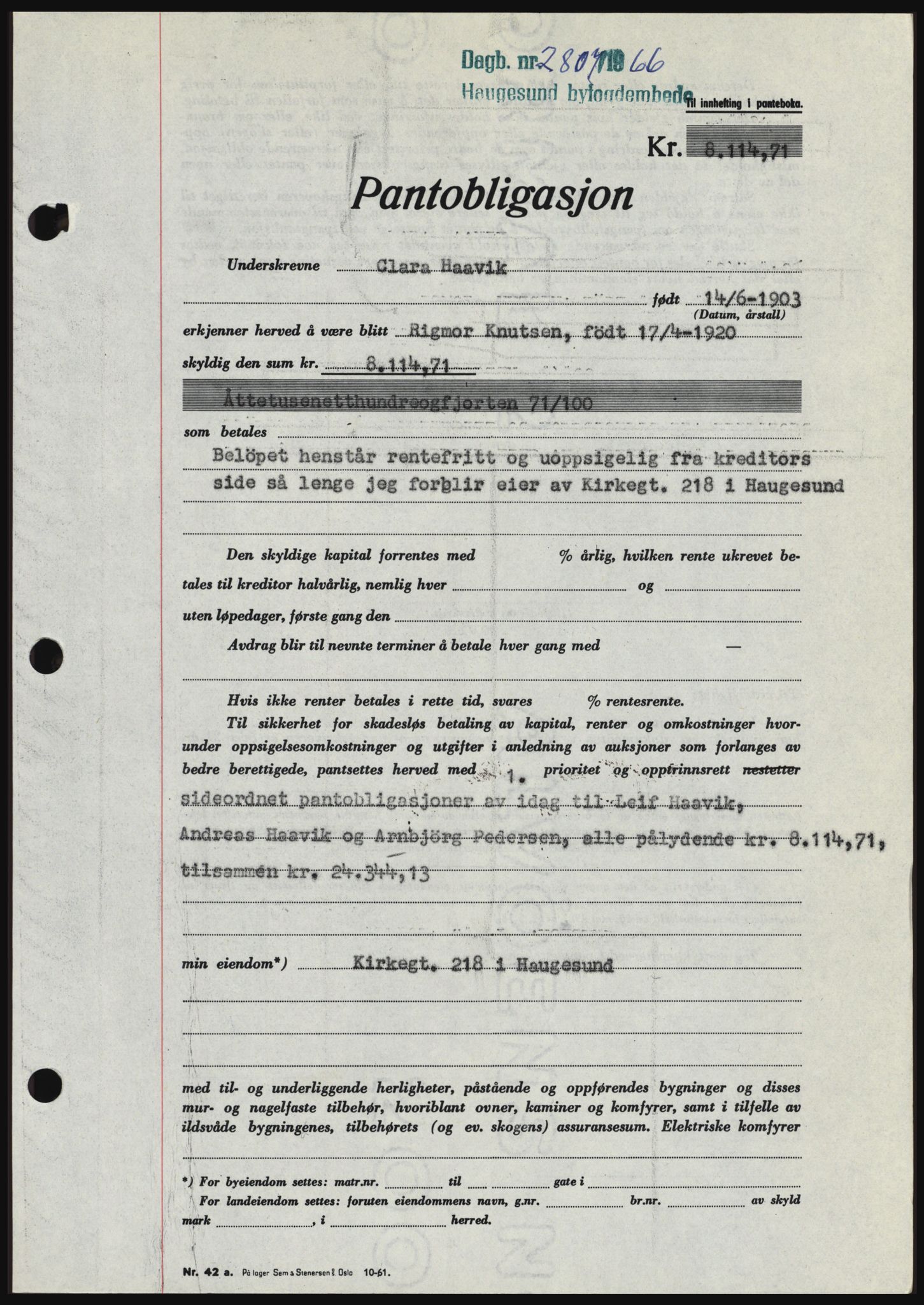 Haugesund tingrett, SAST/A-101415/01/II/IIC/L0056: Mortgage book no. B 56, 1966-1967, Diary no: : 2807/1966