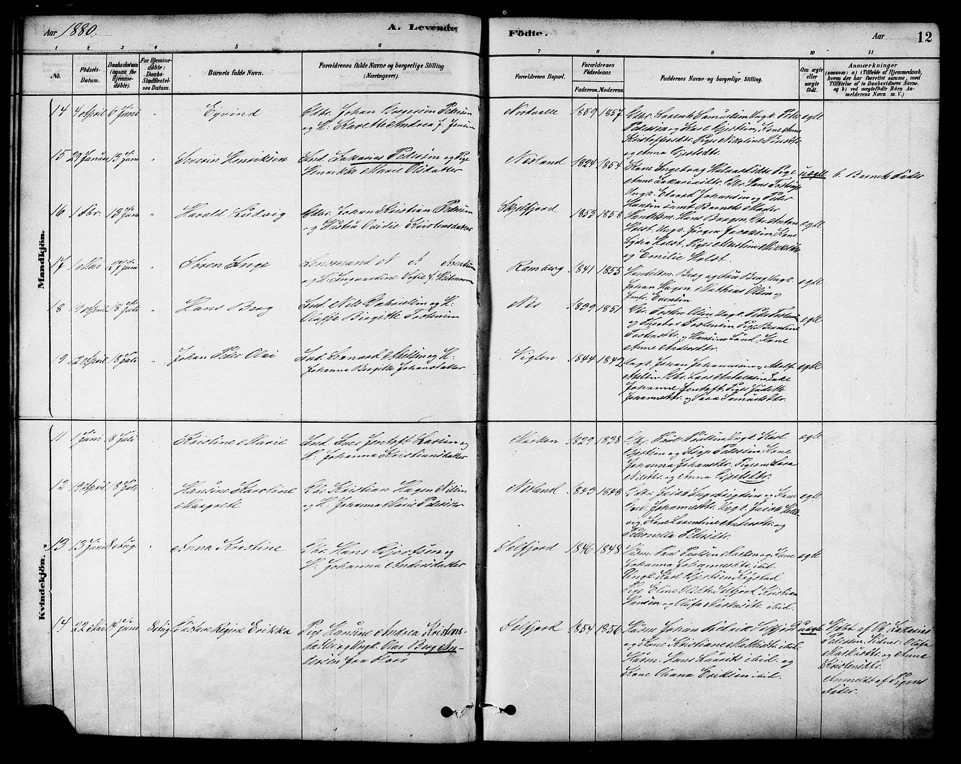 Ministerialprotokoller, klokkerbøker og fødselsregistre - Nordland, AV/SAT-A-1459/885/L1204: Parish register (official) no. 885A05, 1878-1892, p. 12