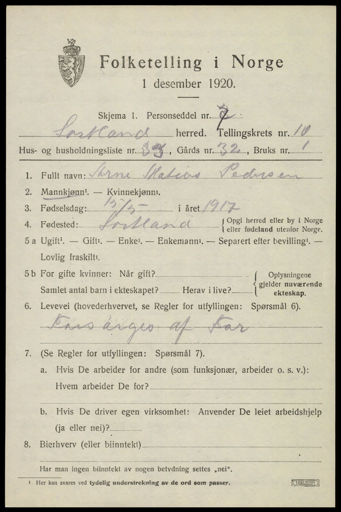 SAT, 1920 census for Sortland, 1920, p. 8012