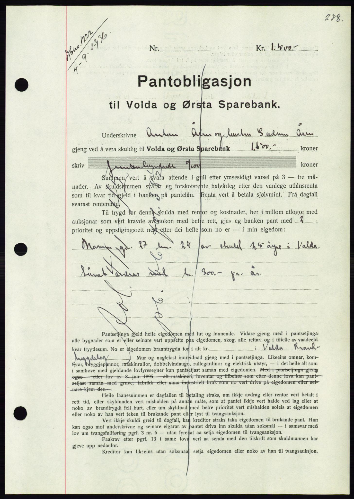 Søre Sunnmøre sorenskriveri, AV/SAT-A-4122/1/2/2C/L0061: Mortgage book no. 55, 1936-1936, Diary no: : 1222/1936