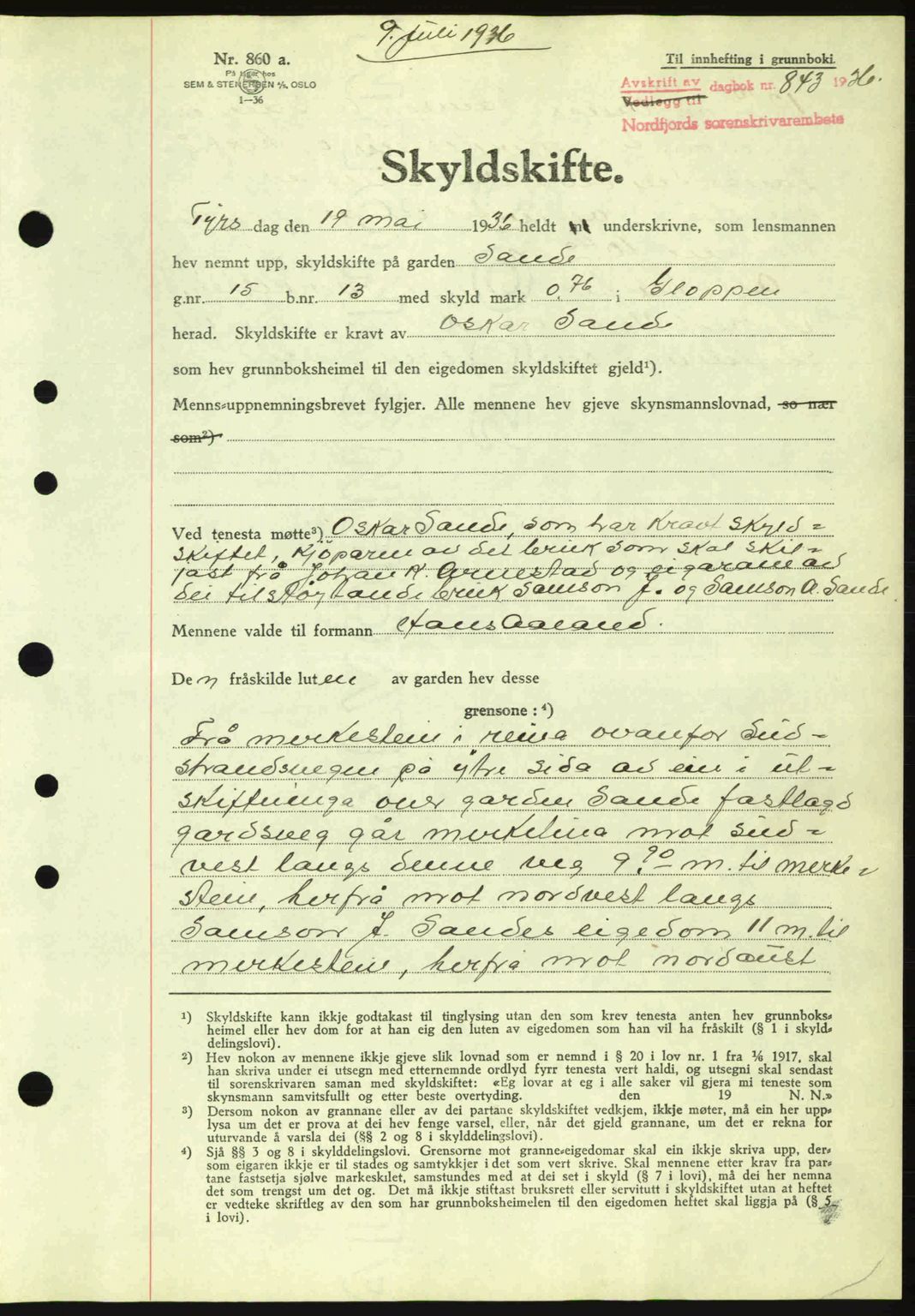 Nordfjord sorenskriveri, AV/SAB-A-2801/02/02b/02bj/L0001: Mortgage book no. A1, 1936-1937, Diary no: : 843/1936