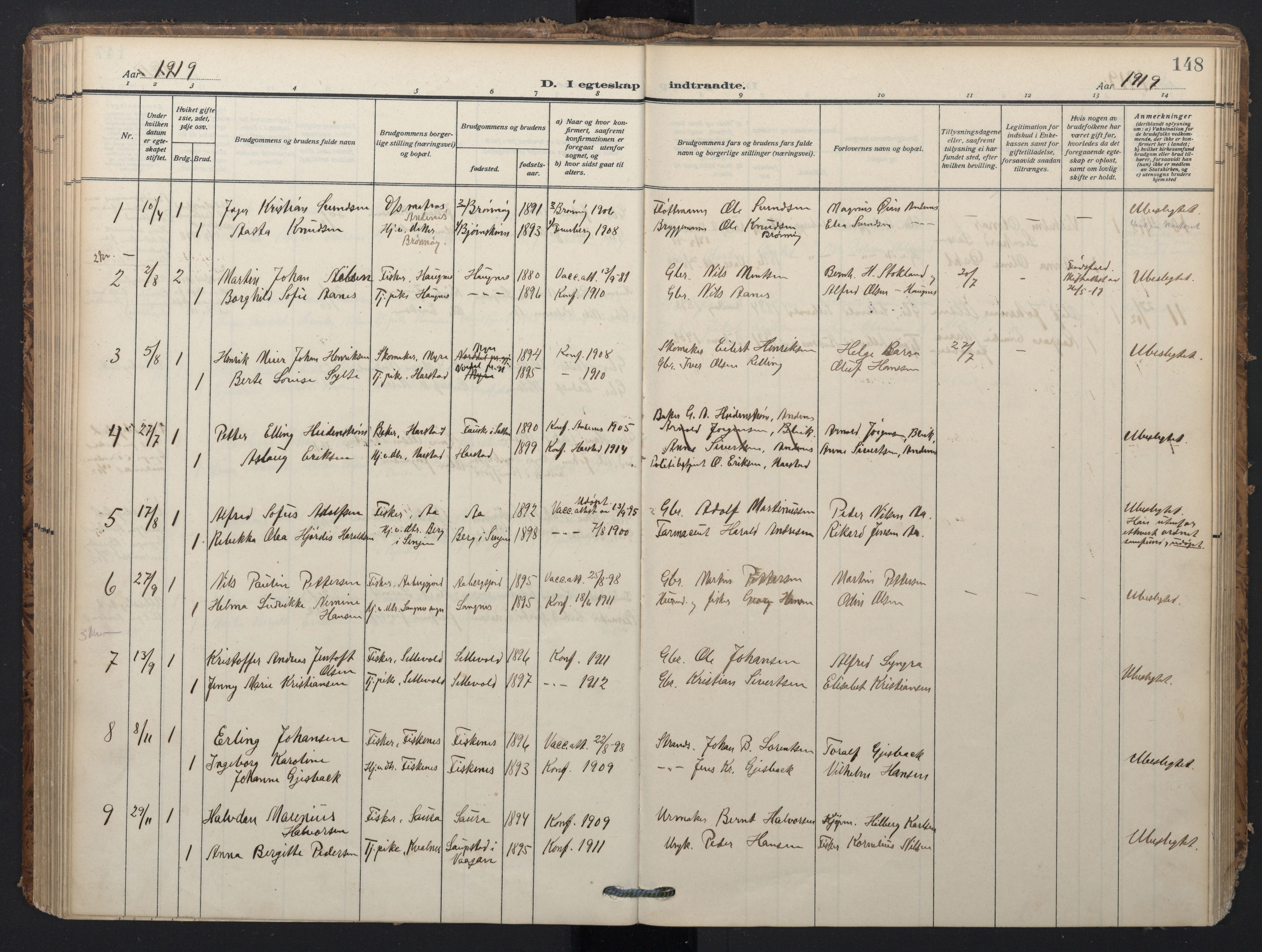 Ministerialprotokoller, klokkerbøker og fødselsregistre - Nordland, SAT/A-1459/897/L1401: Parish register (official) no. 897A08, 1909-1921, p. 148