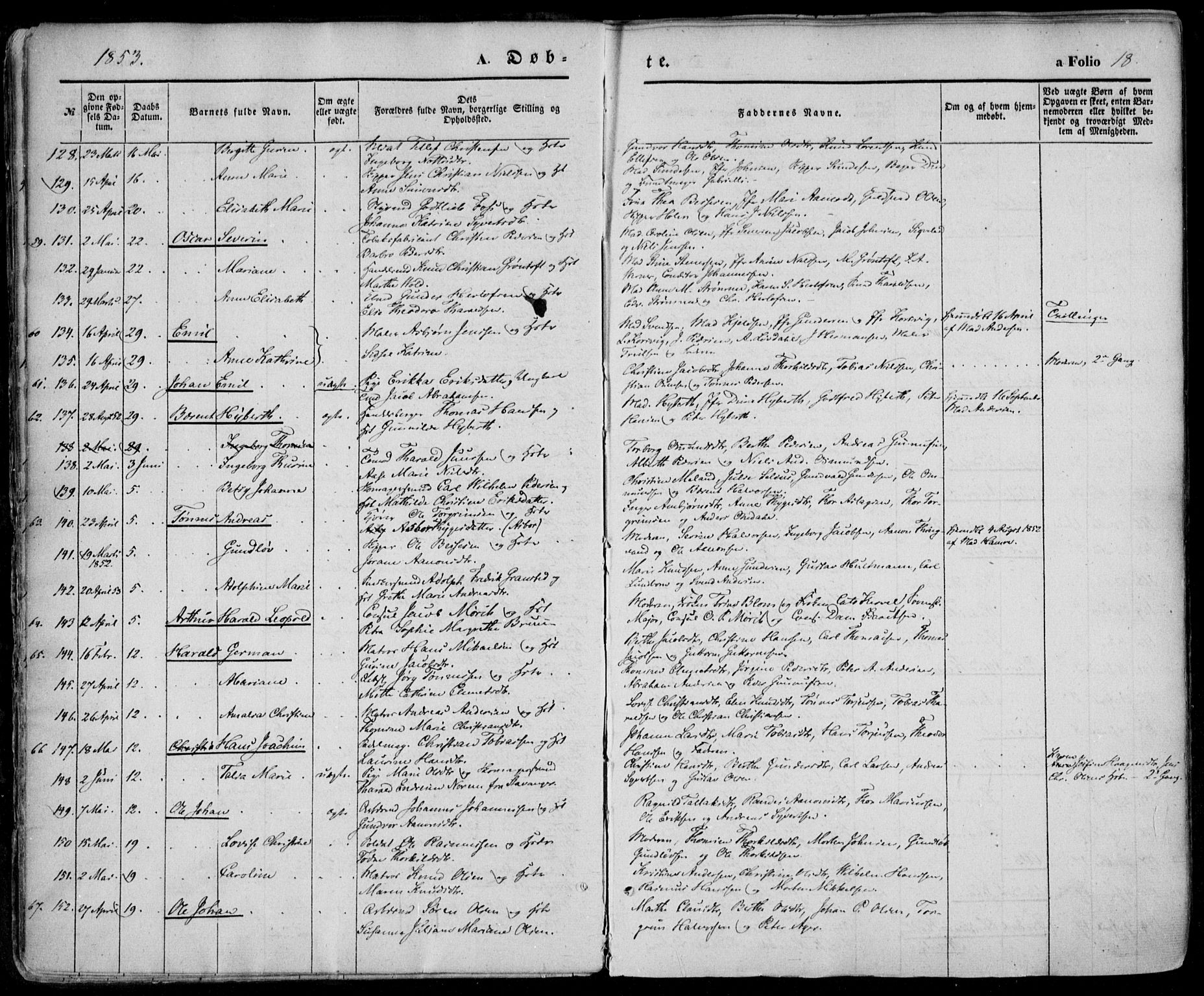 Kristiansand domprosti, AV/SAK-1112-0006/F/Fa/L0014: Parish register (official) no. A 14, 1852-1867, p. 18
