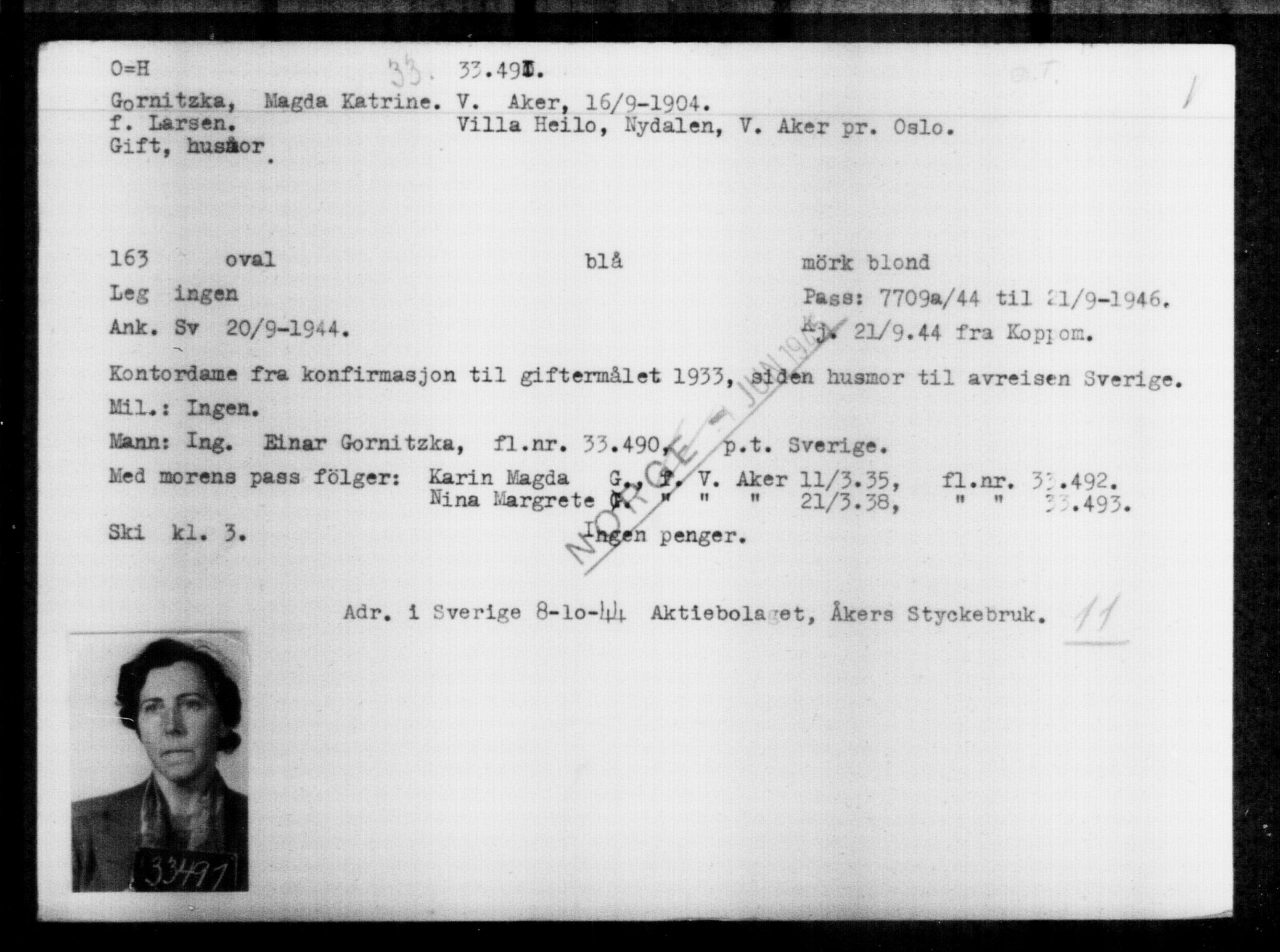 Utenriksstasjonene, Legasjonen i Stockholm, Flyktningkontoret, AV/RA-S-6753/V/Va/L0013: Kjesäterkartoteket, flyktninger med registreringsnr. 31500-34731, 1940-1945, p. 2097