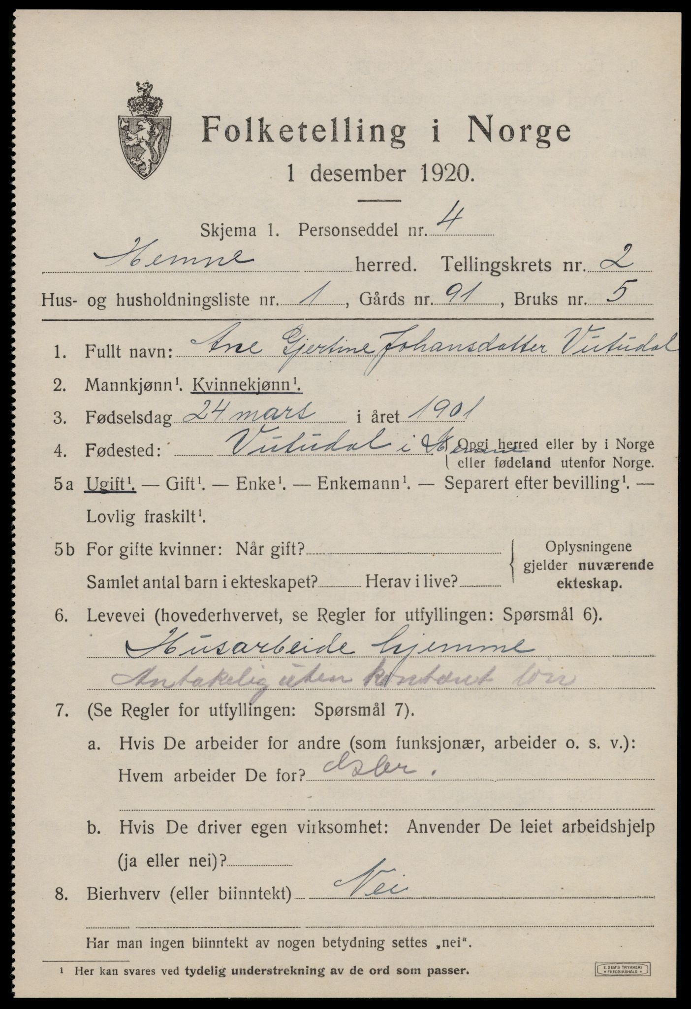 SAT, 1920 census for Hemne, 1920, p. 1812