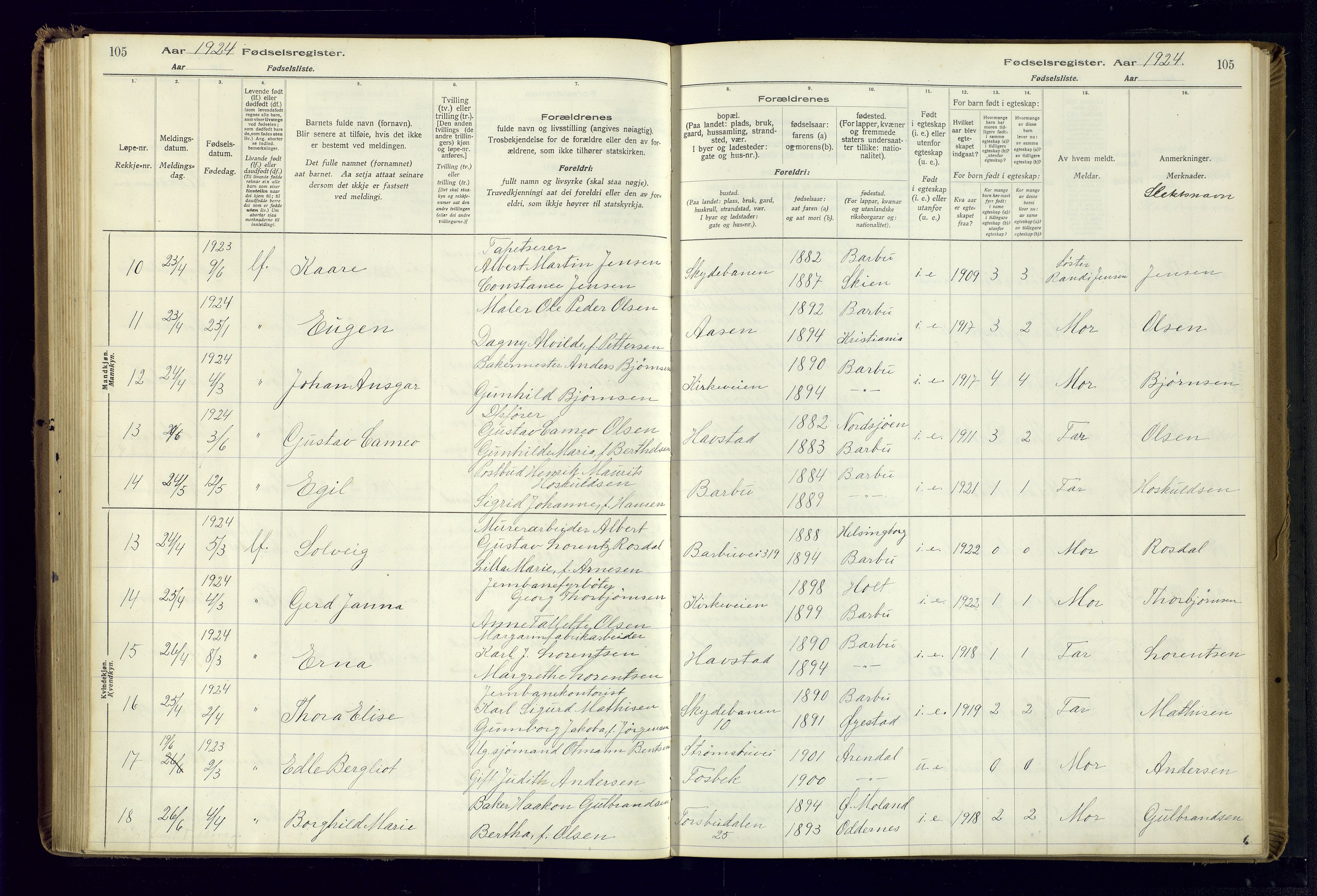 Barbu sokneprestkontor, AV/SAK-1111-0003/J/Ja/L0001: Birth register no. A-VIII-1, 1916-1937, p. 105