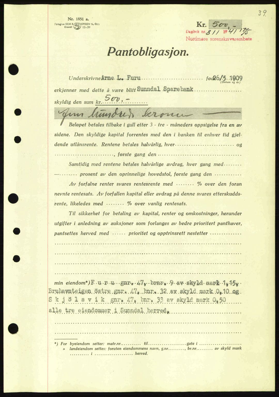 Nordmøre sorenskriveri, AV/SAT-A-4132/1/2/2Ca: Mortgage book no. B88, 1941-1942, Diary no: : 811/1941