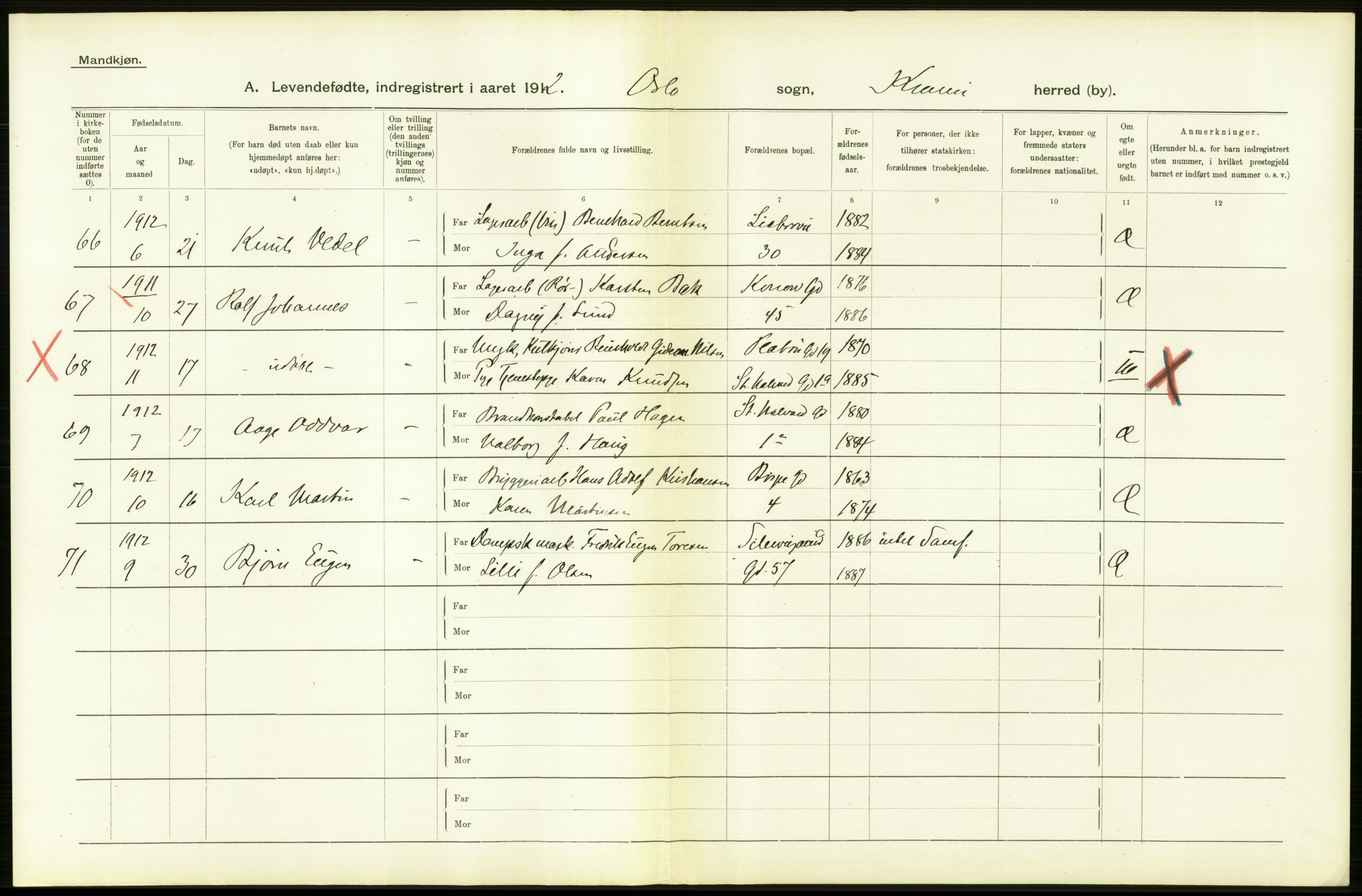 Statistisk sentralbyrå, Sosiodemografiske emner, Befolkning, AV/RA-S-2228/D/Df/Dfb/Dfbb/L0006: Kristiania:  Levendefødte menn og kvinner., 1912, p. 600