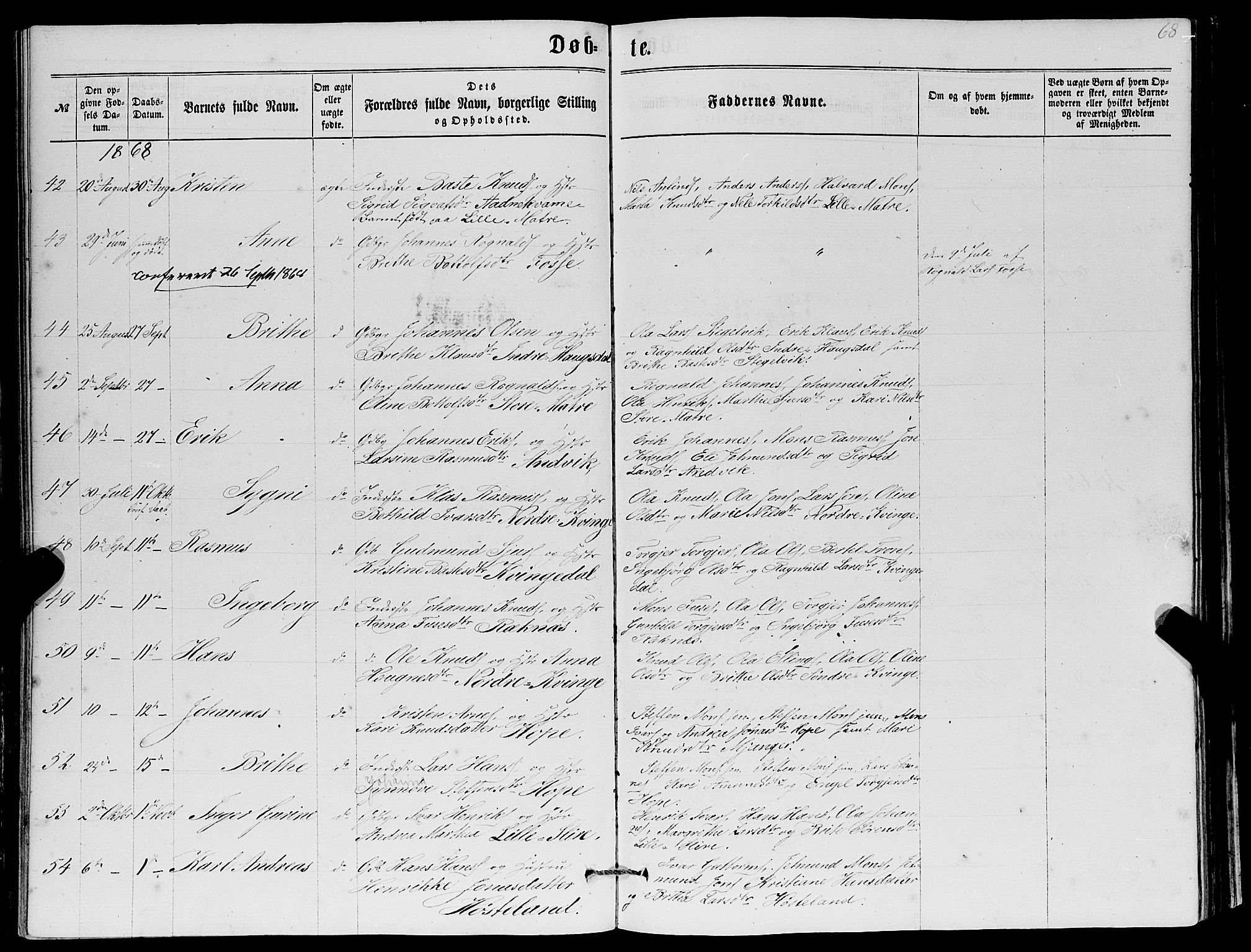 Masfjorden Sokneprestembete, AV/SAB-A-77001: Parish register (copy) no. A 1, 1851-1875, p. 68