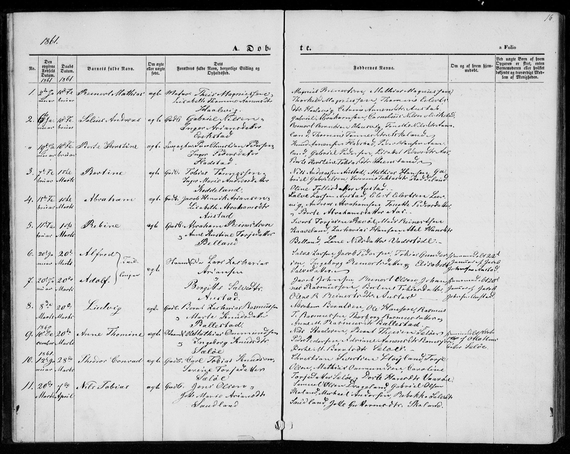 Lyngdal sokneprestkontor, SAK/1111-0029/F/Fa/Faa/L0002: Parish register (official) no. A 2, 1858-1870, p. 16