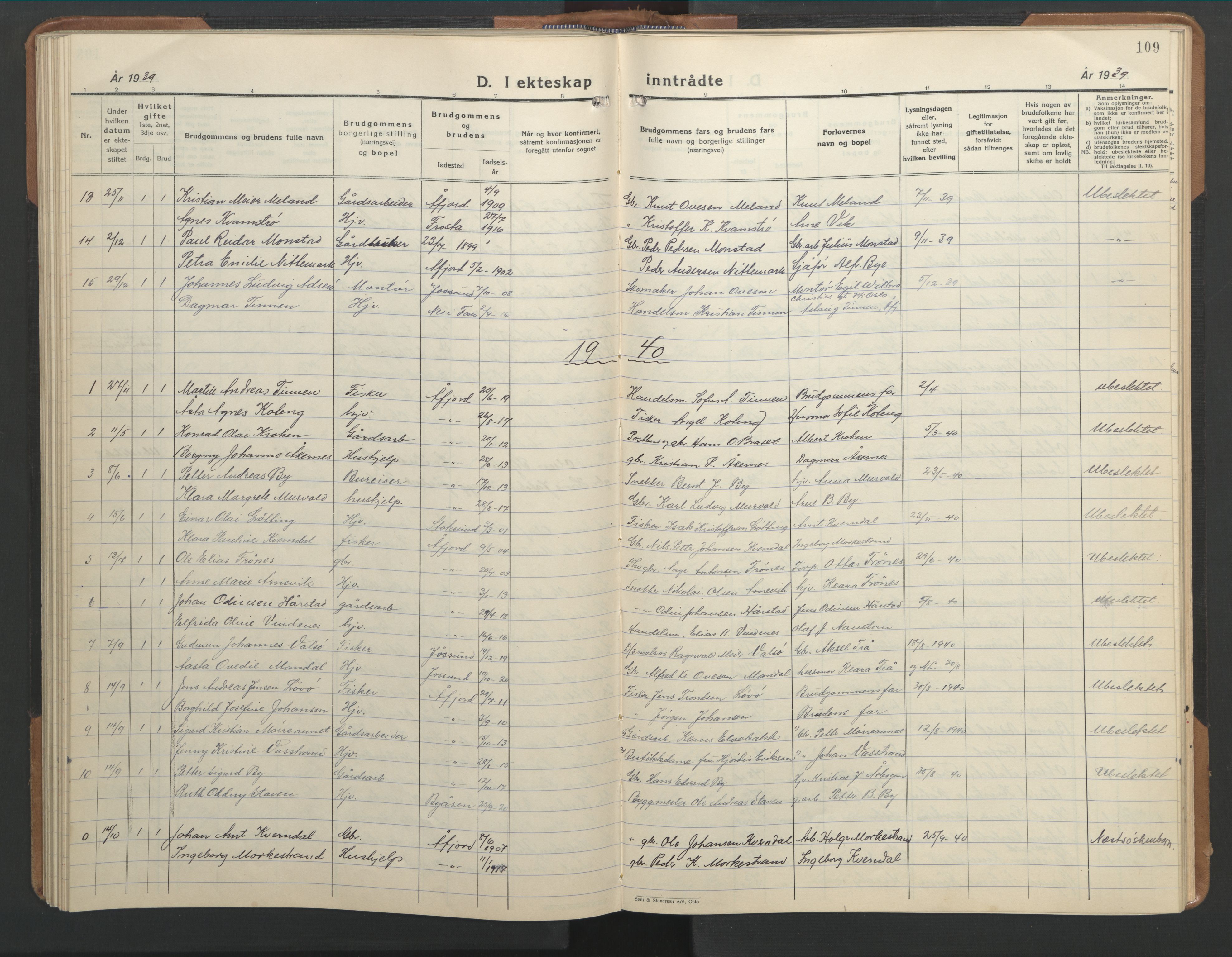 Ministerialprotokoller, klokkerbøker og fødselsregistre - Sør-Trøndelag, AV/SAT-A-1456/655/L0690: Parish register (copy) no. 655C06, 1937-1950, p. 109