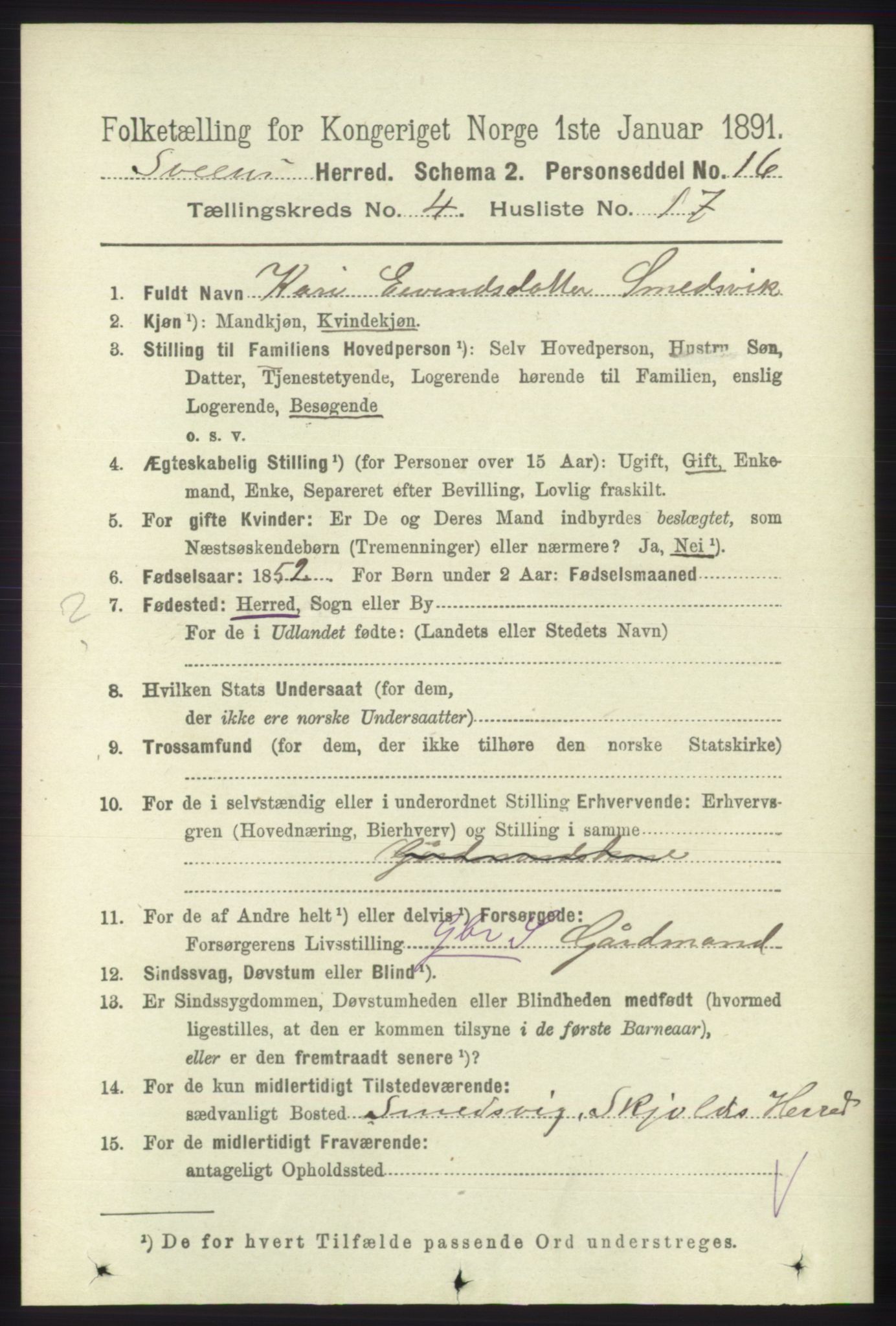 RA, 1891 census for 1216 Sveio, 1891, p. 1237